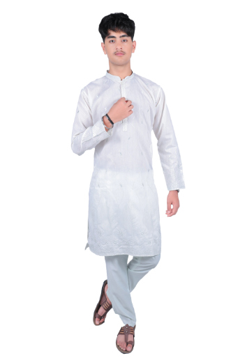 Men's Elegant White Embroidered Kurta Pyjama Set - Cotton