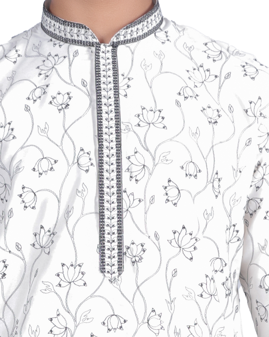 Men's White Printed Kurta Pyjama Set - Silk Blend with Floral Pattern