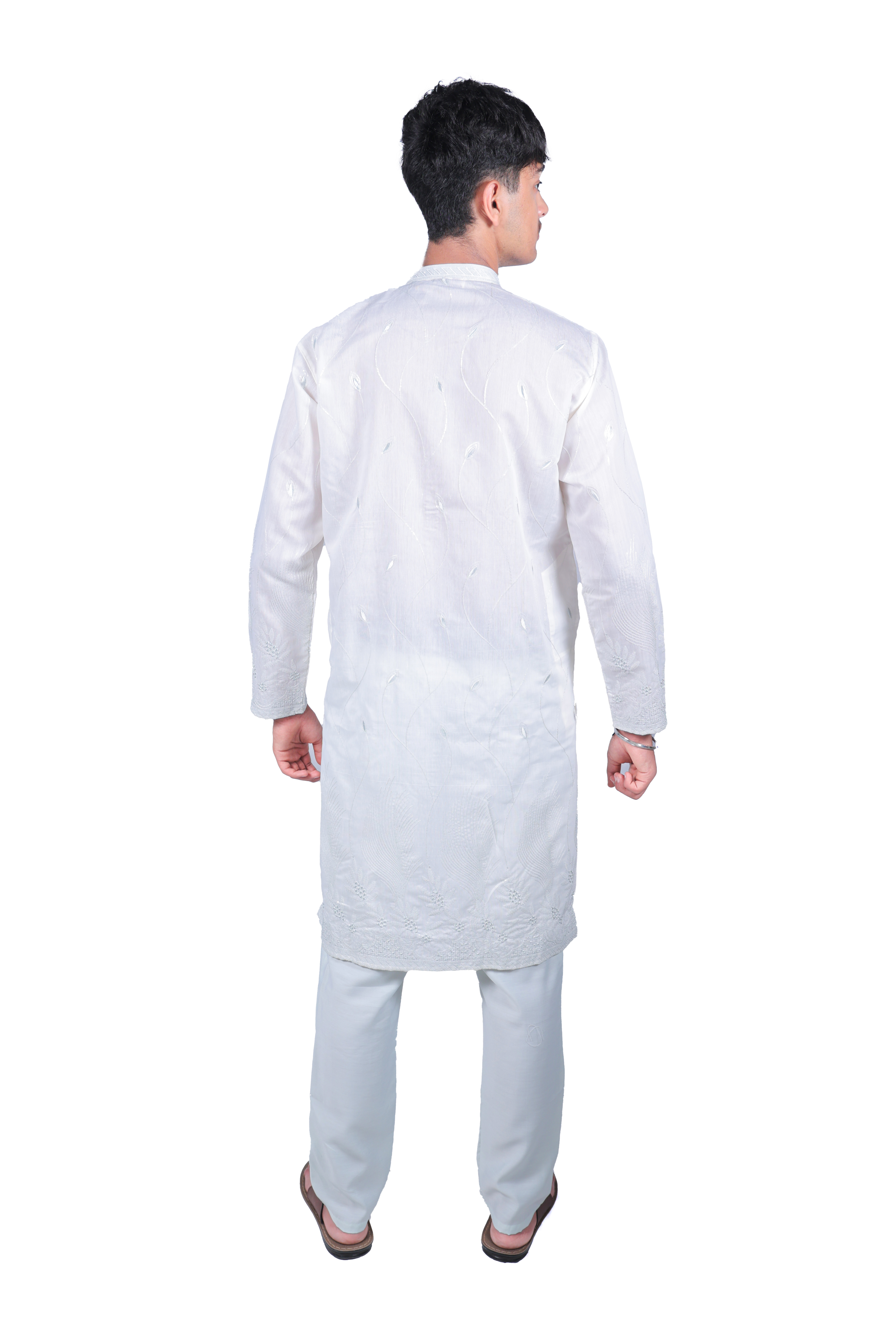 Men's Elegant White Embroidered Kurta Pyjama Set - Cotton