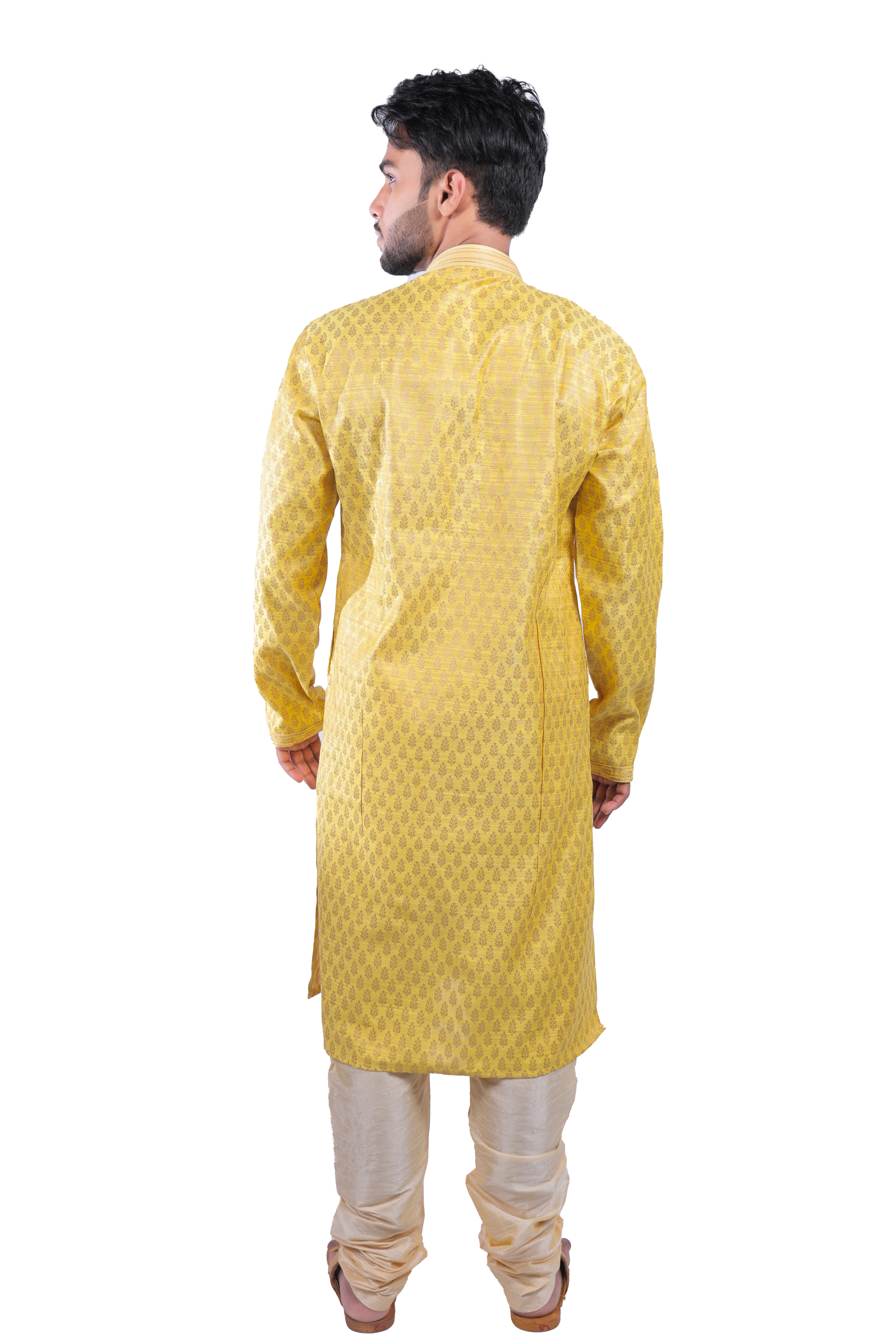 Men's Festive Golden Yellow Kurta Pyjama Set - Silk Blend with Paisley Pattern