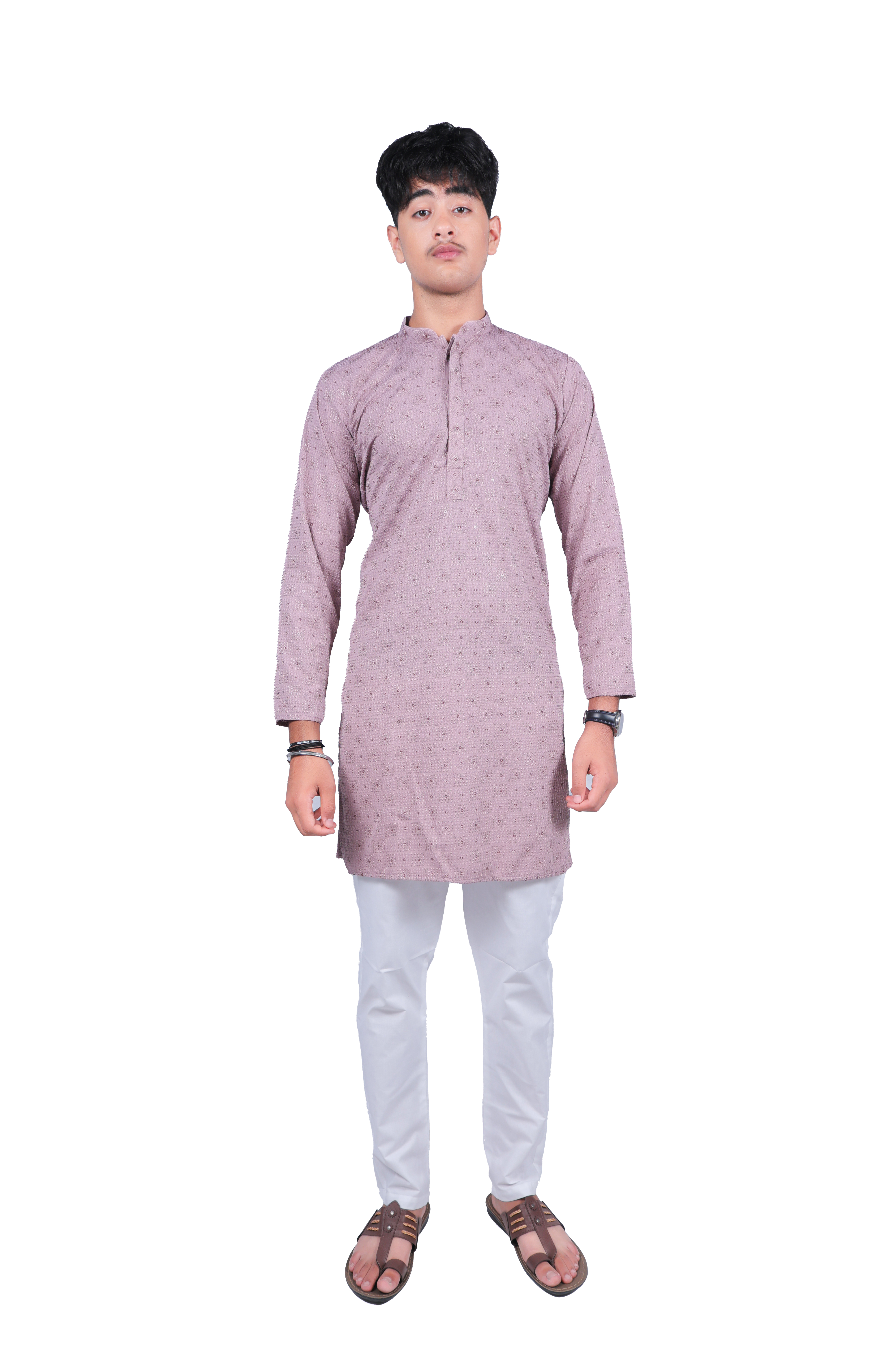 Men's Stylish Gray-Green Textured Kurta Pyjama Set - Cotton Blend