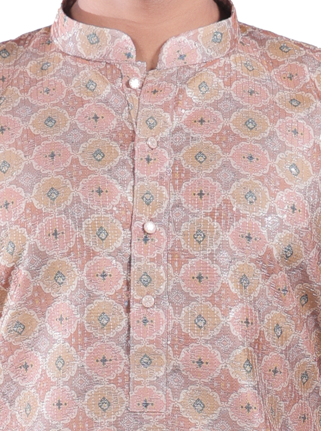 Men's Festive Peach Kurta Pyjama Set - Silk Blend with Jacquard Pattern