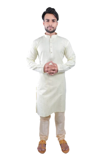 Men's Classic Cream Printed Kurta Pyjama Set - Cotton Linen Blend