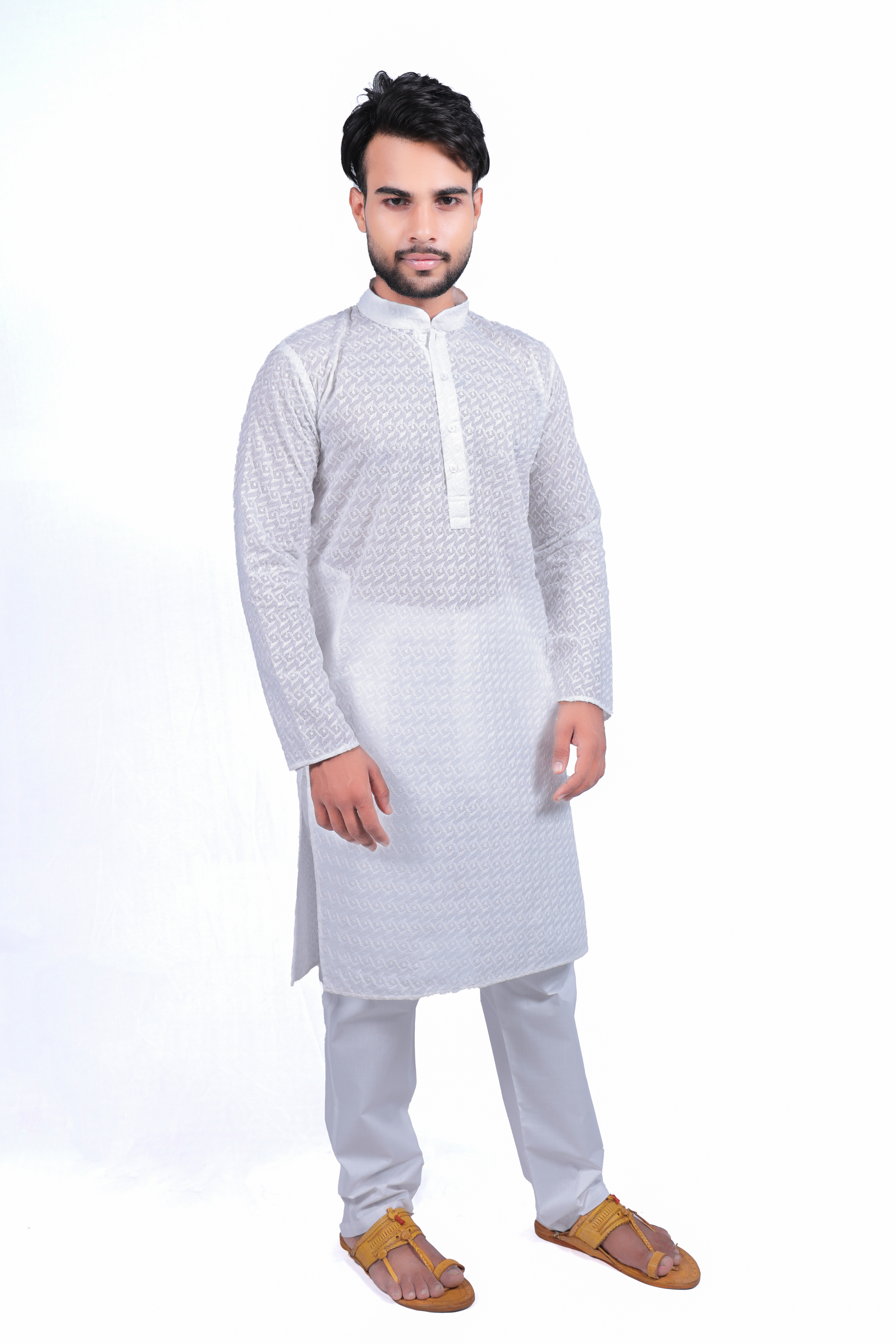Men's Elegant White Embroidered Kurta Pyjama Set - Cotton Blend