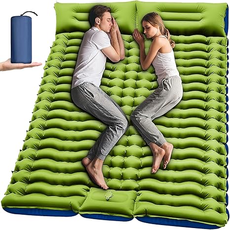 Double Sleeping Pad - Self Inflating 4" Extra-Thick for 2 Person with Pillow Built-in Foot Pum