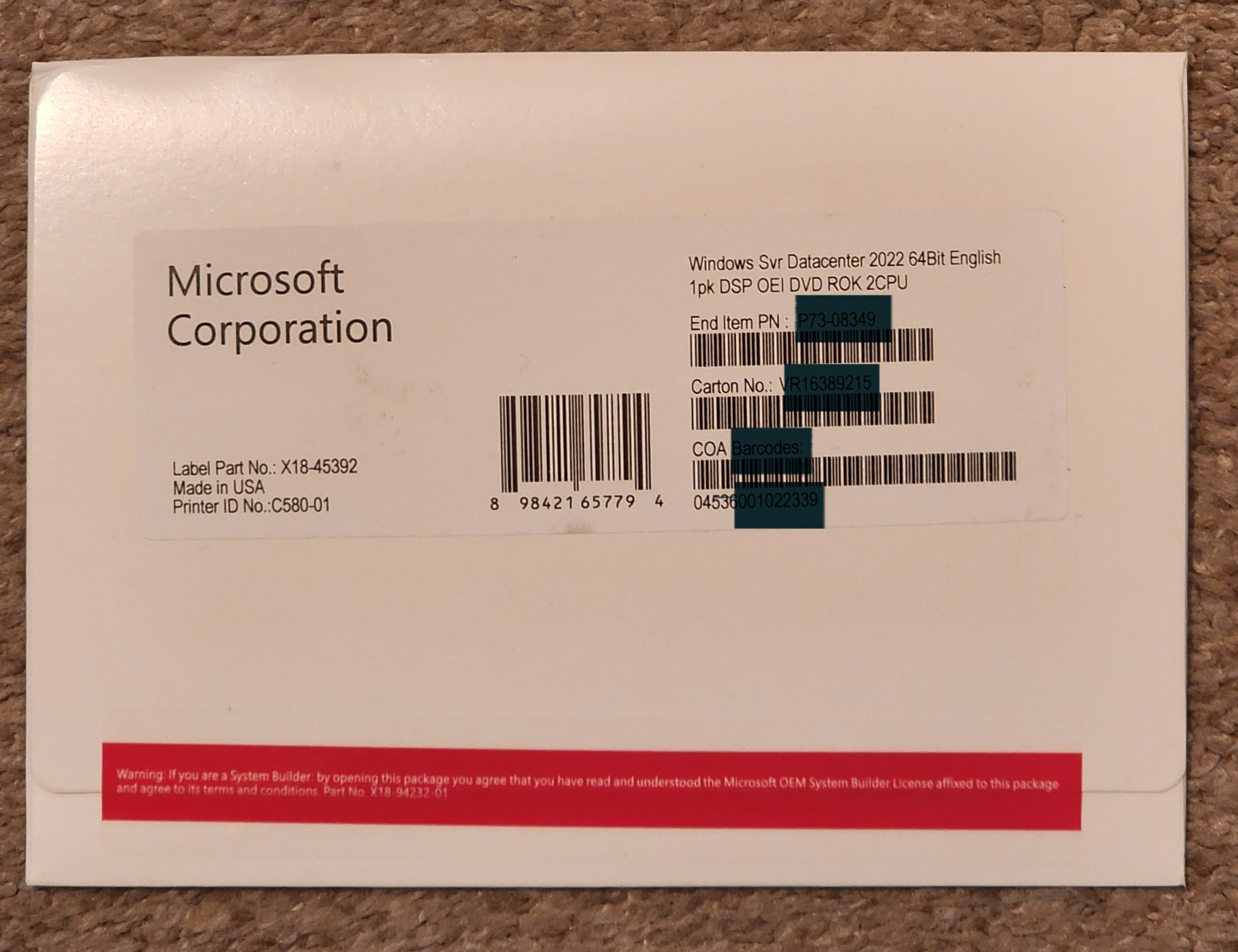 Genuine Windows 2022 Datacenter Server OEM License / DVD