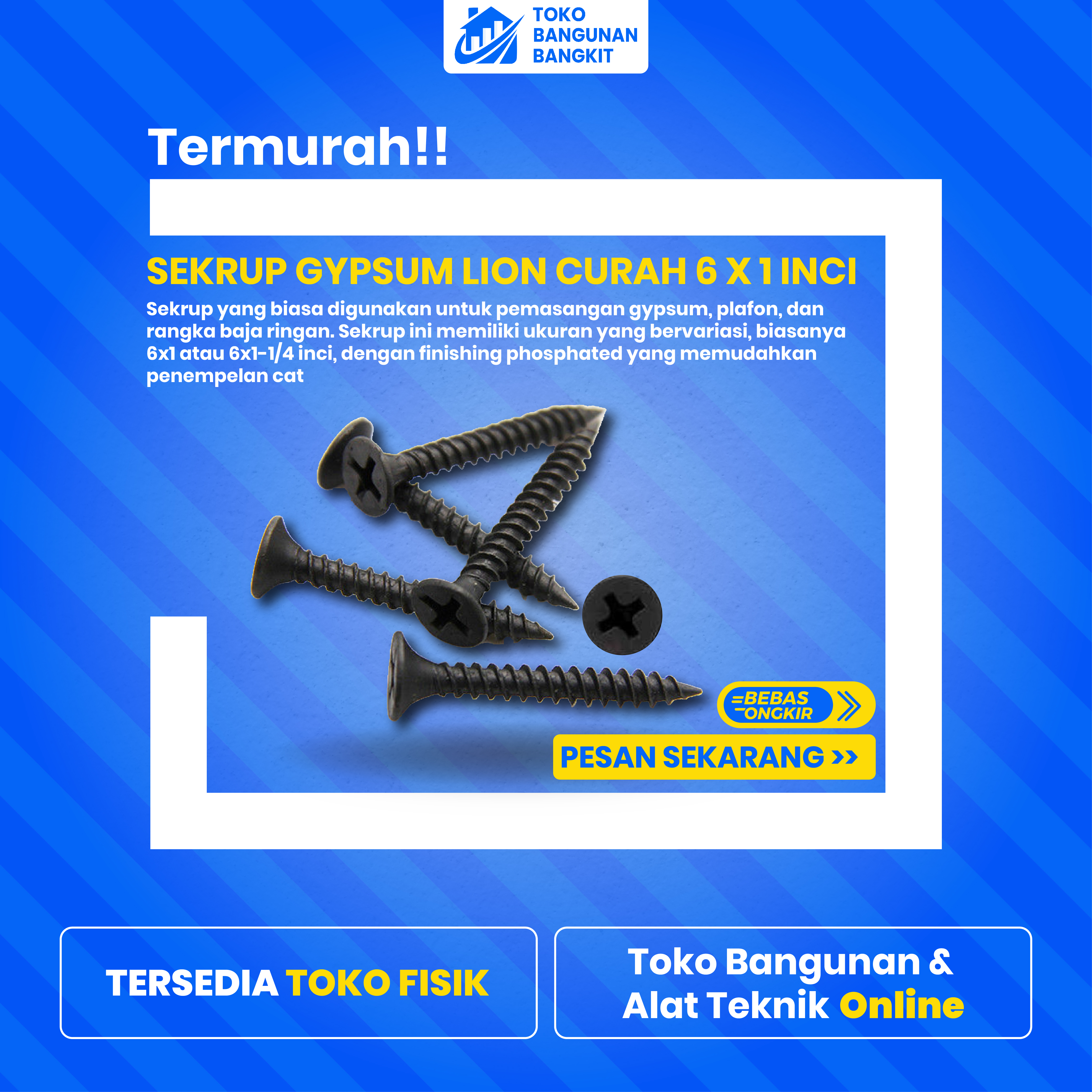 Sekrup Gypsum Lion Curah 6 x 1 Inci