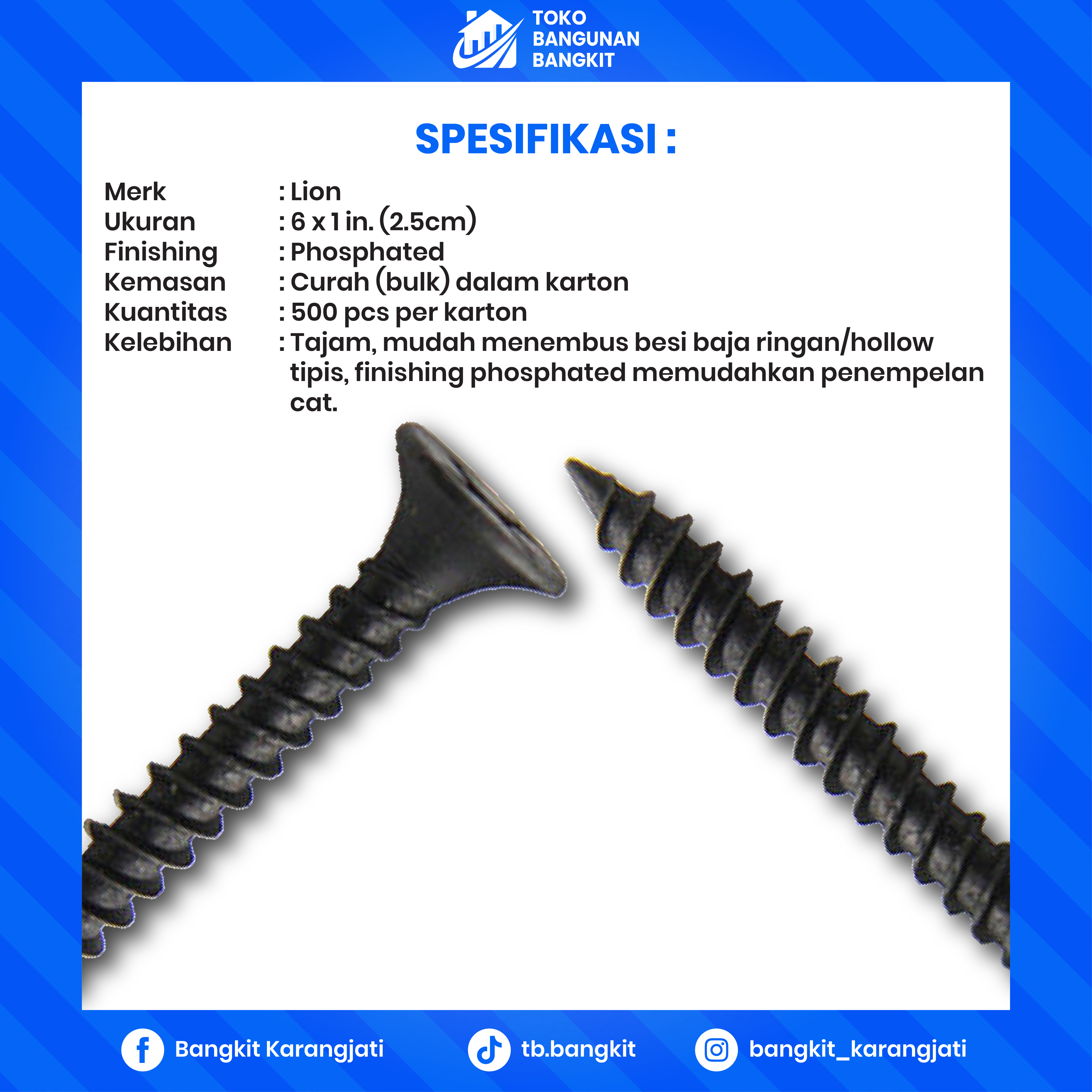 Sekrup Gypsum Lion Curah 6 x 1 Inci