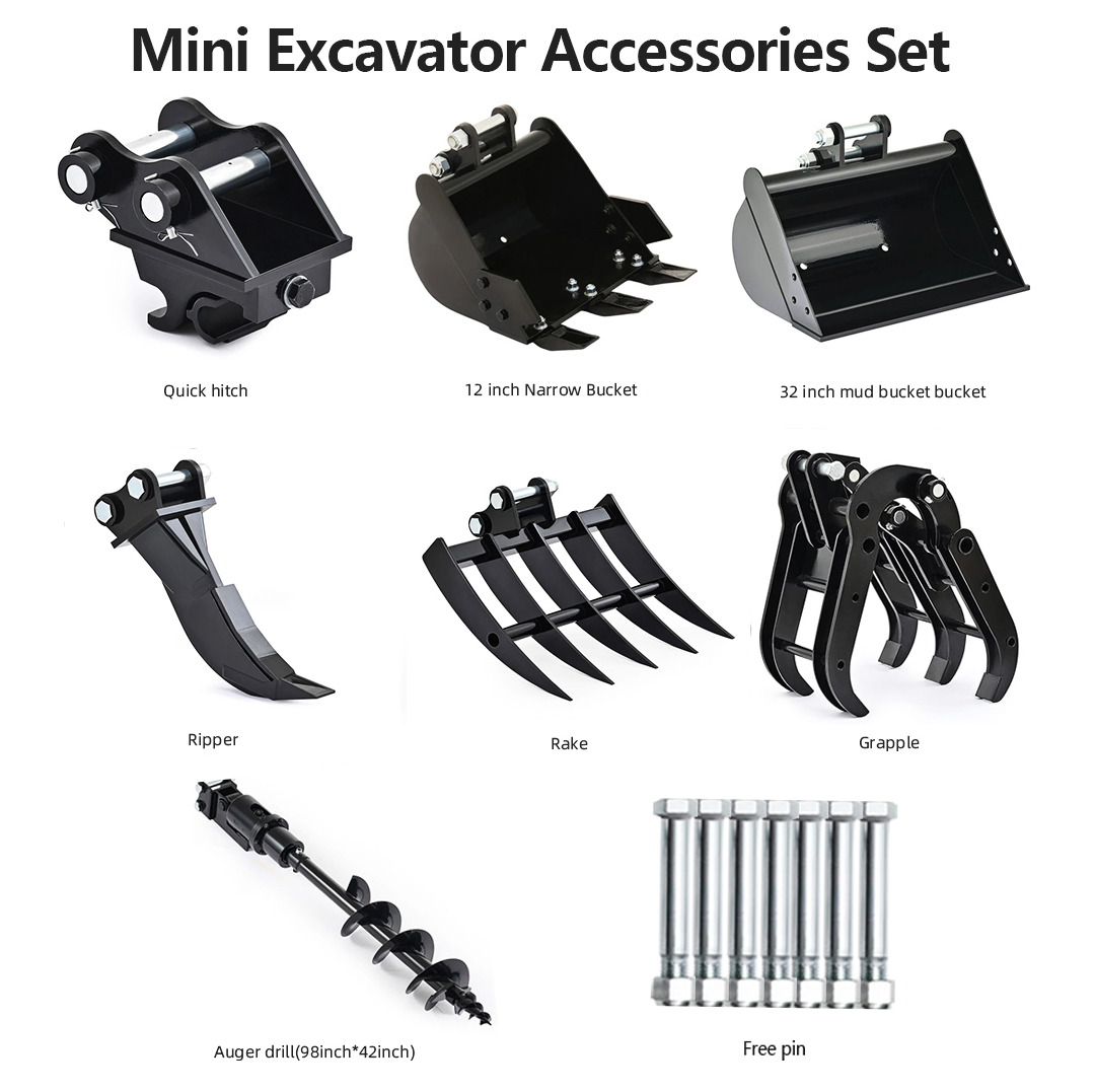 LADYS Mini Excavator Accessories with Narrow Bucket, Ripper, Rake, Grapple, Quick Hitch, Mud Bucket, Mini Excavator Accessory Kit, Free Mini Excavator Attachment Link Pin