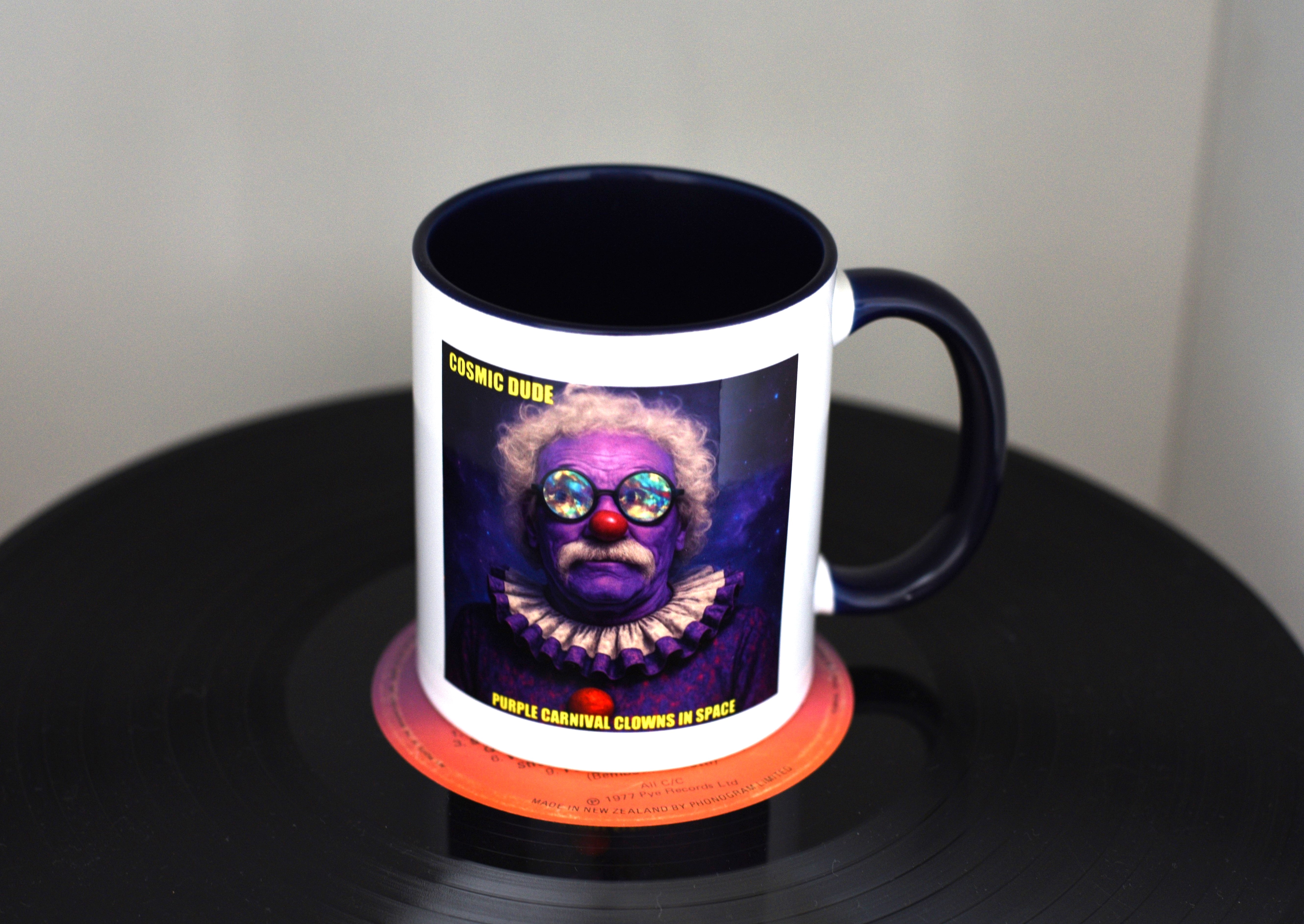 Purple Carnival Clowns in Space mug