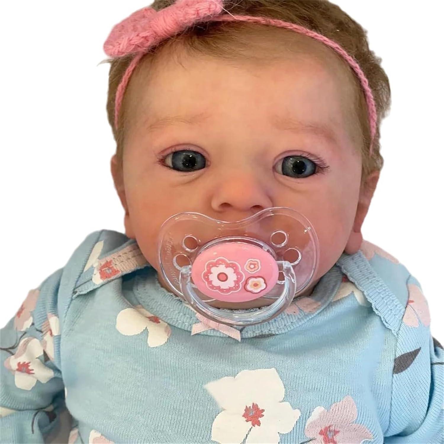 QIYANER 48cm 1.5kg Bebê Reborn Realista,Boneca Bebe Reborn Silicone Realista,Com Tiara Rosa Abrir Os Olhos Roupas Azuis Lavável Reborn Baby Vinil Corpo Inteiro,Olhos azuis