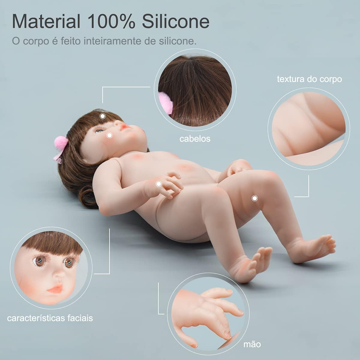 Brastoy Bebê Reborn Boneca Menina 100% Silicone Girafinha Olhos Castanhos 48cm