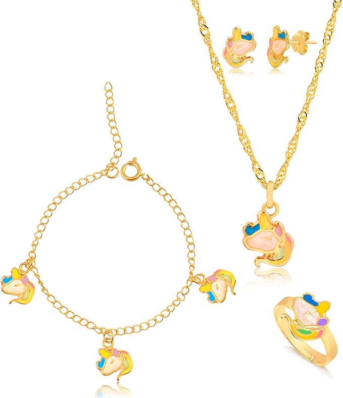 Genérico - Conjunto Infantil Unicórnio em Resina com Colar, Pingente, Brinco, Pulseira e Anel Regulável Dourado para Crianças (Feminino)