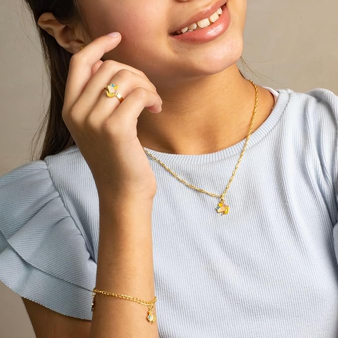 Genérico - Conjunto Infantil Unicórnio em Resina com Colar, Pingente, Brinco, Pulseira e Anel Regulável Dourado para Crianças (Feminino)