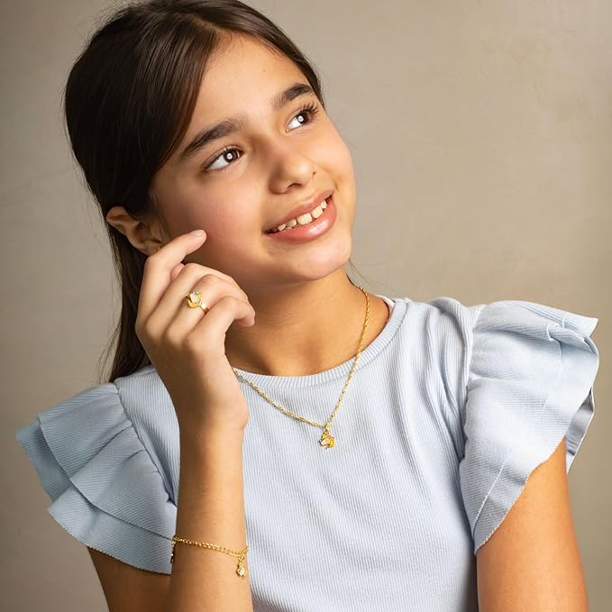 Genérico - Conjunto Infantil Unicórnio em Resina com Colar, Pingente, Brinco, Pulseira e Anel Regulável Dourado para Crianças (Feminino)