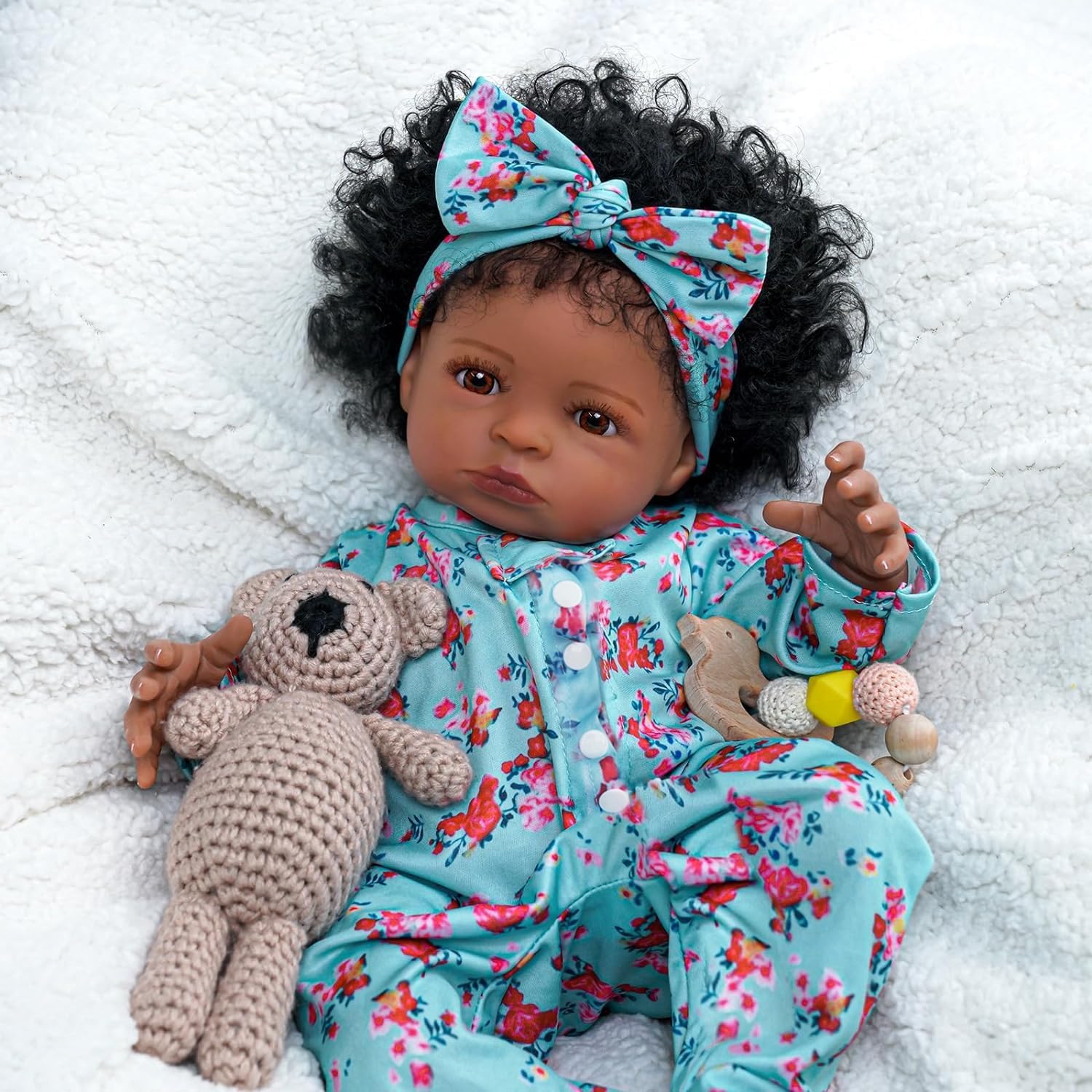 Brastoy Bebê Reborn Boneca Realistic de Silicone Menina Negra Cabelos Cacheados Original 55cm (Menina Negra 55cm)