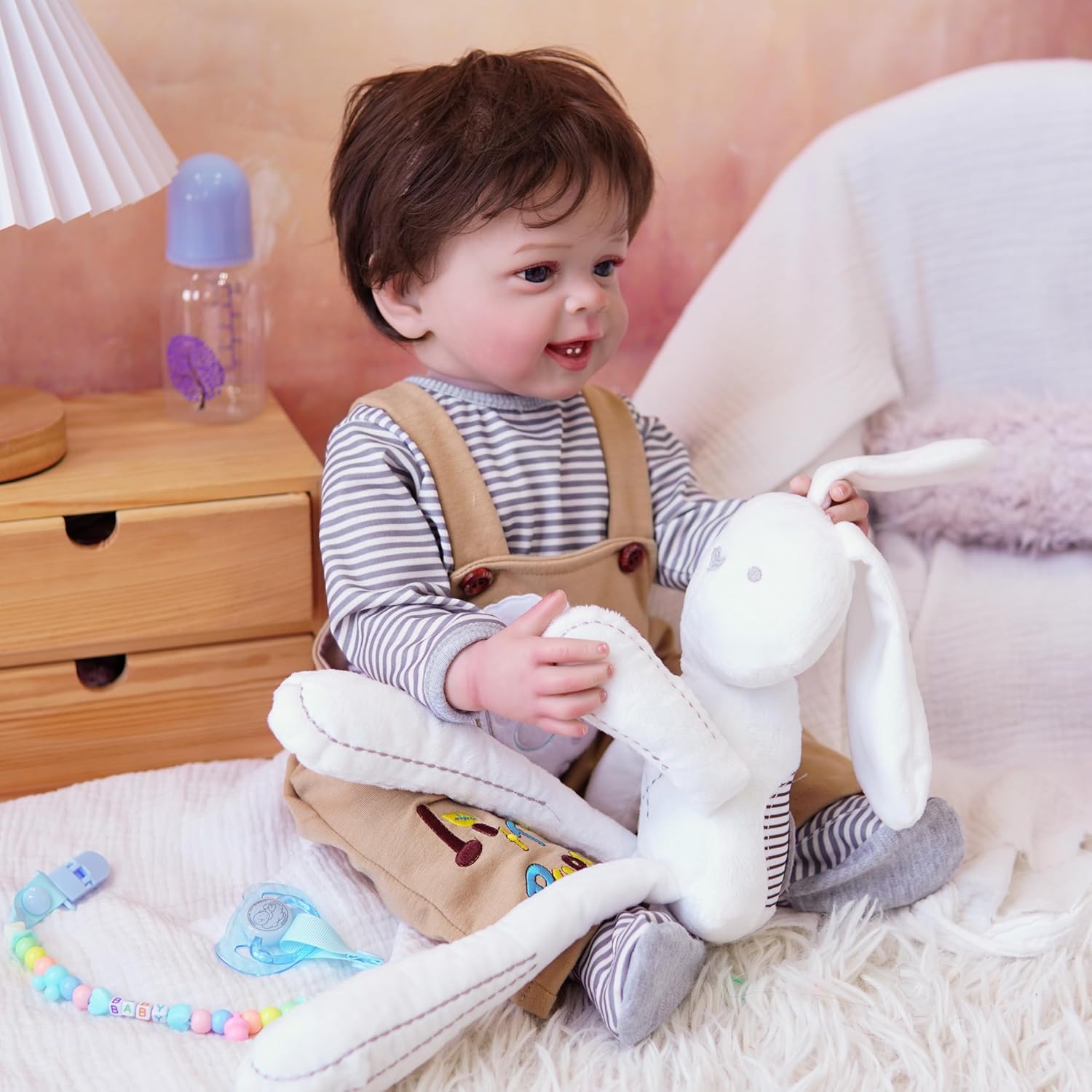 Brastoy Bebê Reborn Silicone Boneco Menino Coelho Olhos Azuis Realista Pintado Original 55cm