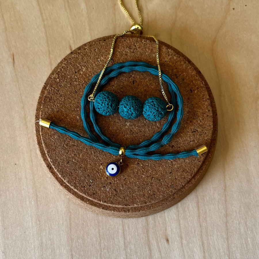 Conjunto Pulseira Difusora Verde Petróleo – Olho Grego