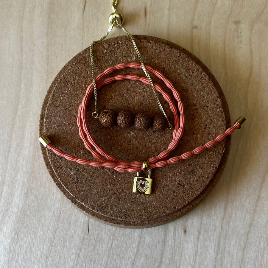 Conjunto Pulseira Difusora Salmão e Castanho – Cadeado com Coração