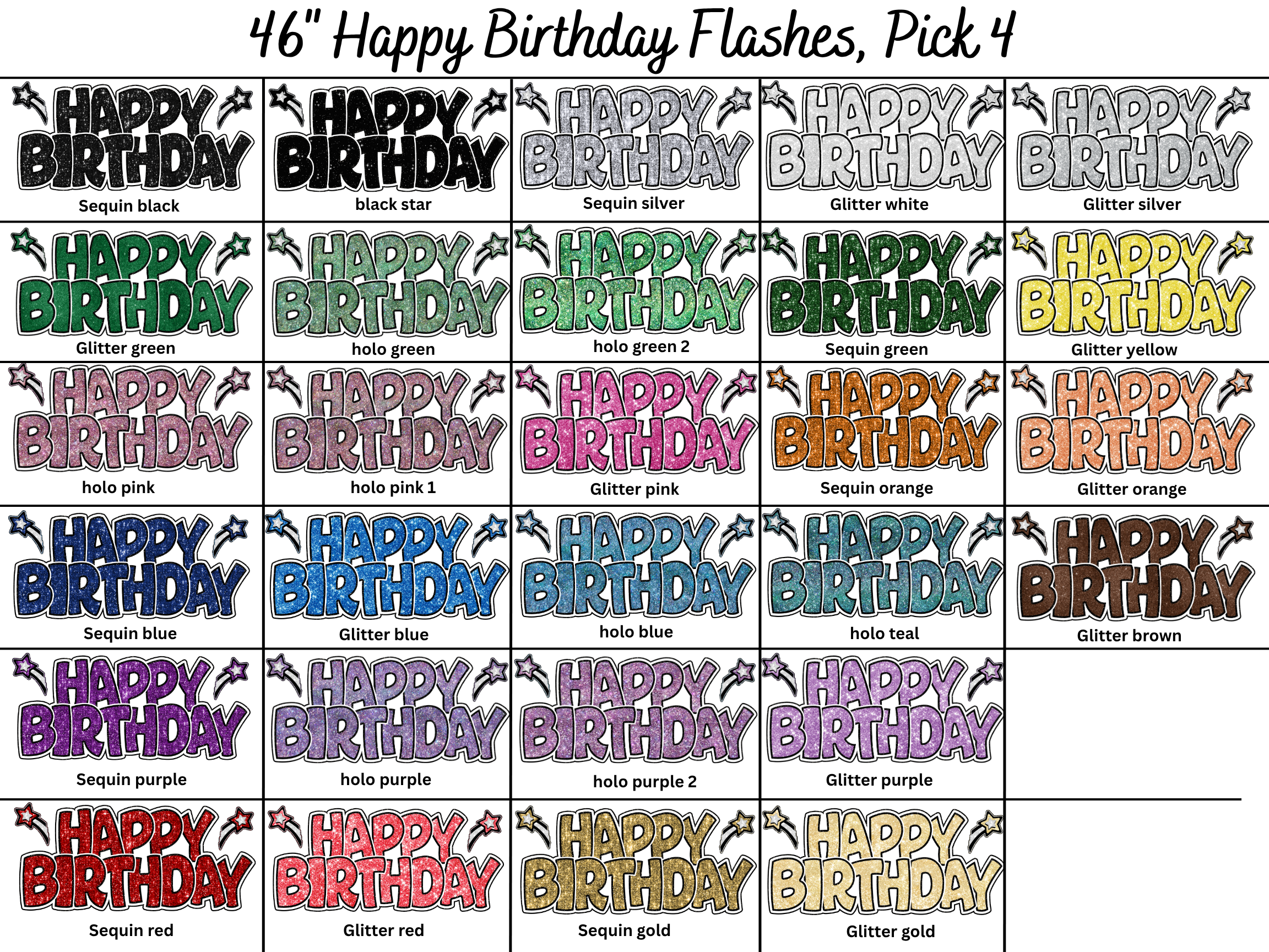 46" Happy Birthday flash sets. Pick 4 colors. 