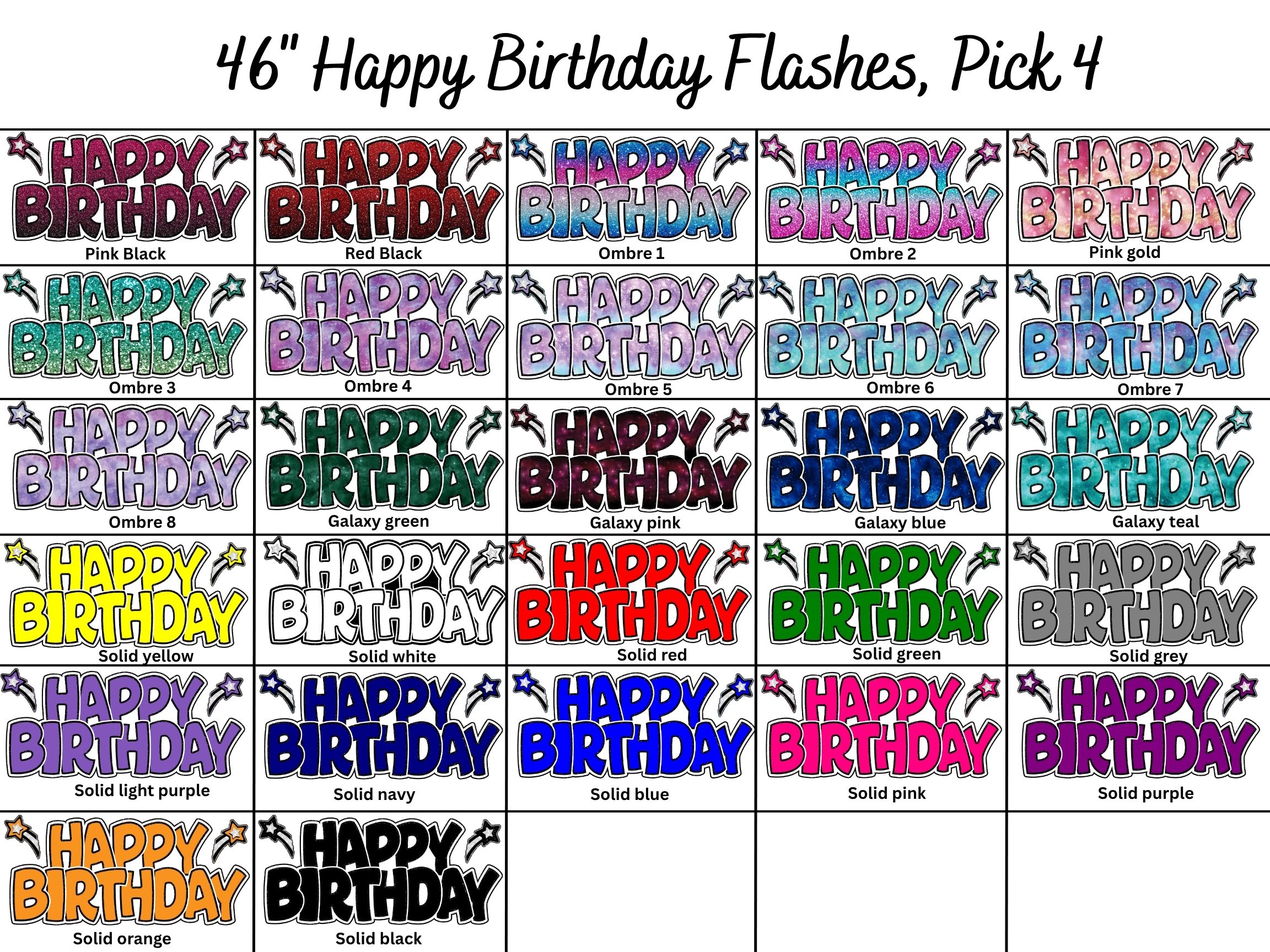 46" Happy Birthday flash sets. Pick 4 colors. 