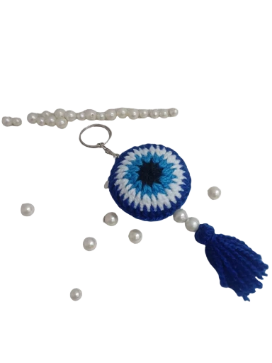 Handcrafted Crochet Evil Eye Keychain with Tassel Charm 💙(Pack of 1)