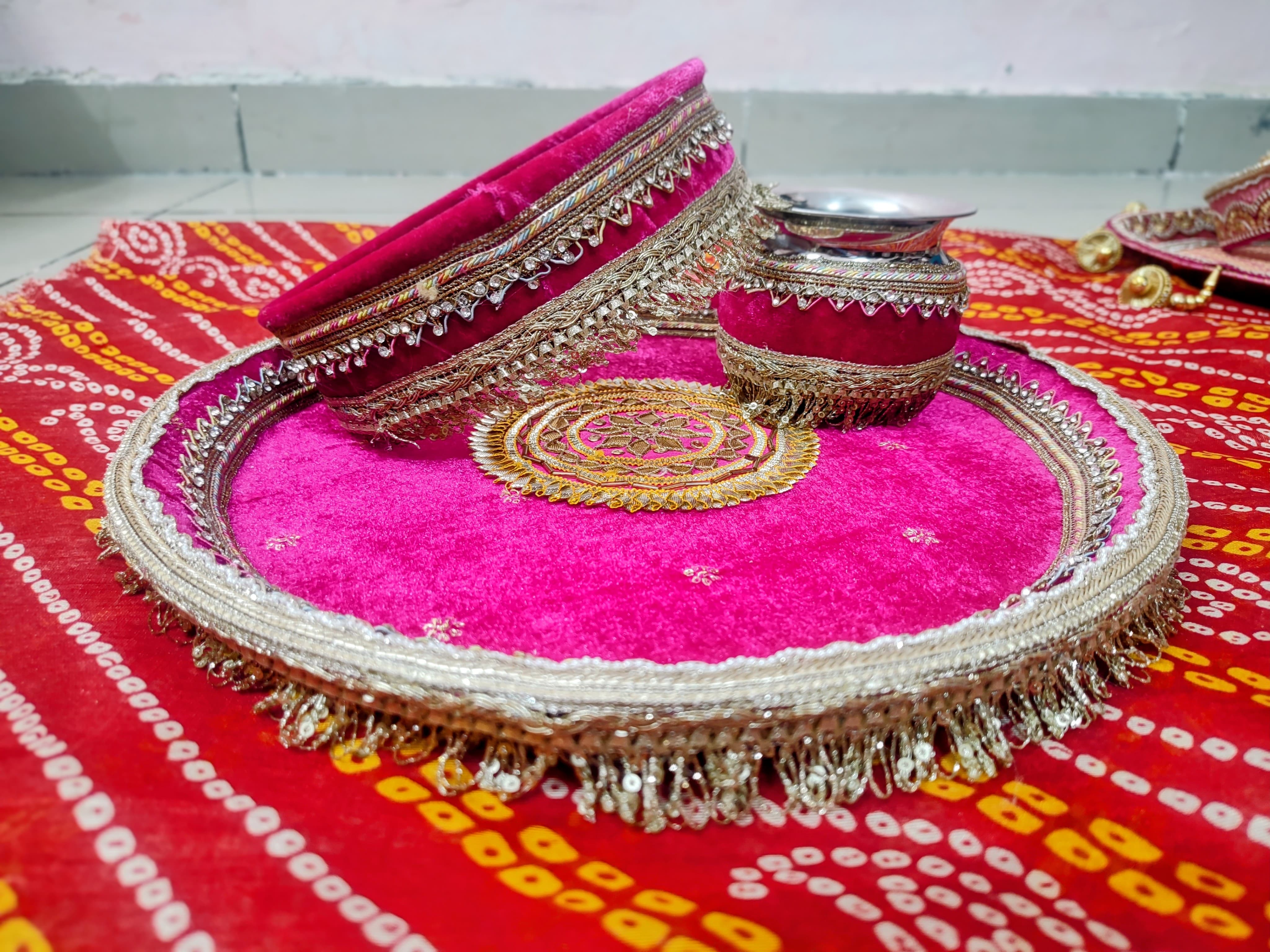 Royal Pink Velvet Karwa Chauth Thali Set – Handcrafted Elegance Thali Set