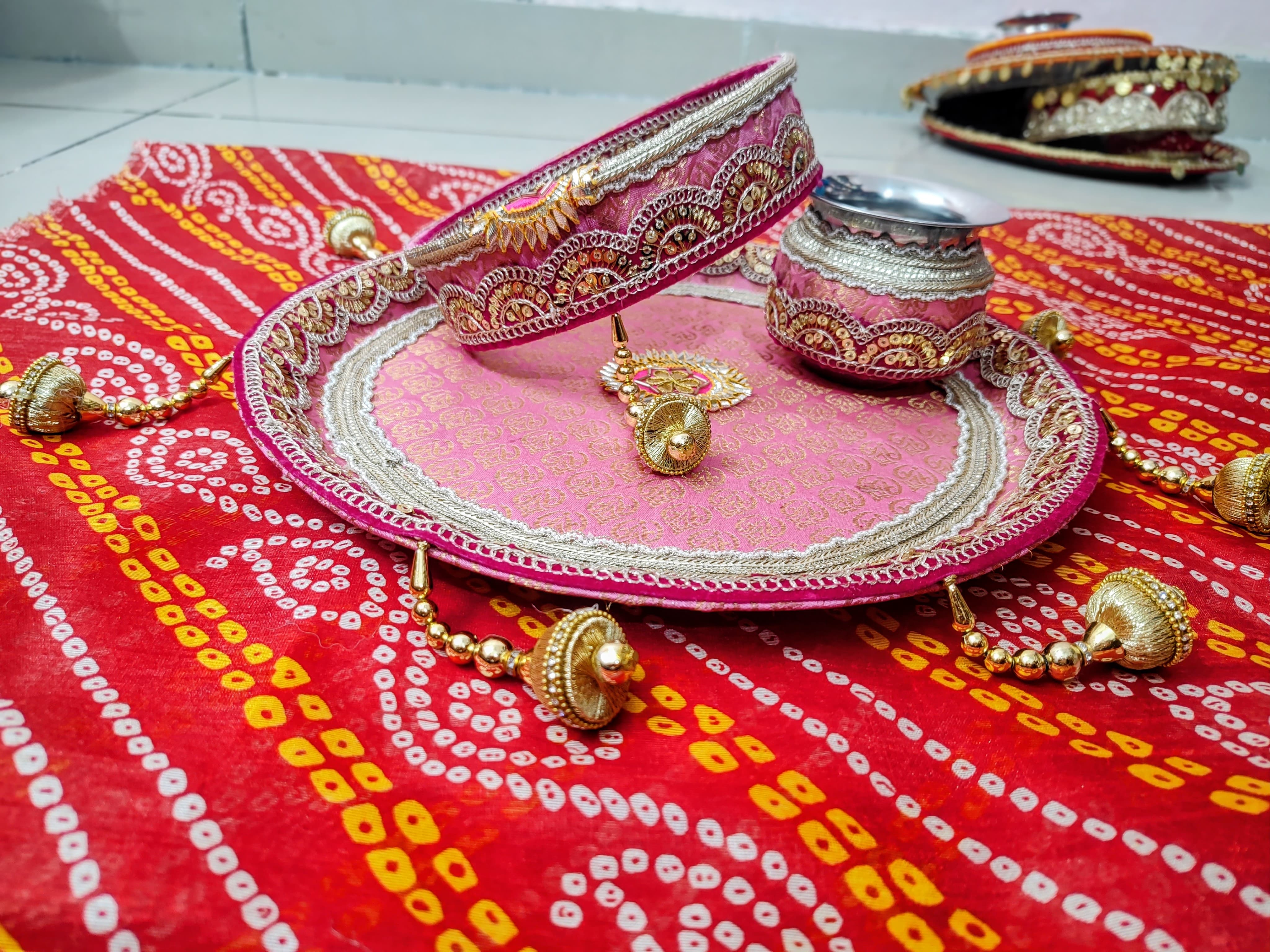 Blush Royale – Handcrafted Pink Brocade Karwa Chauth Thali Set