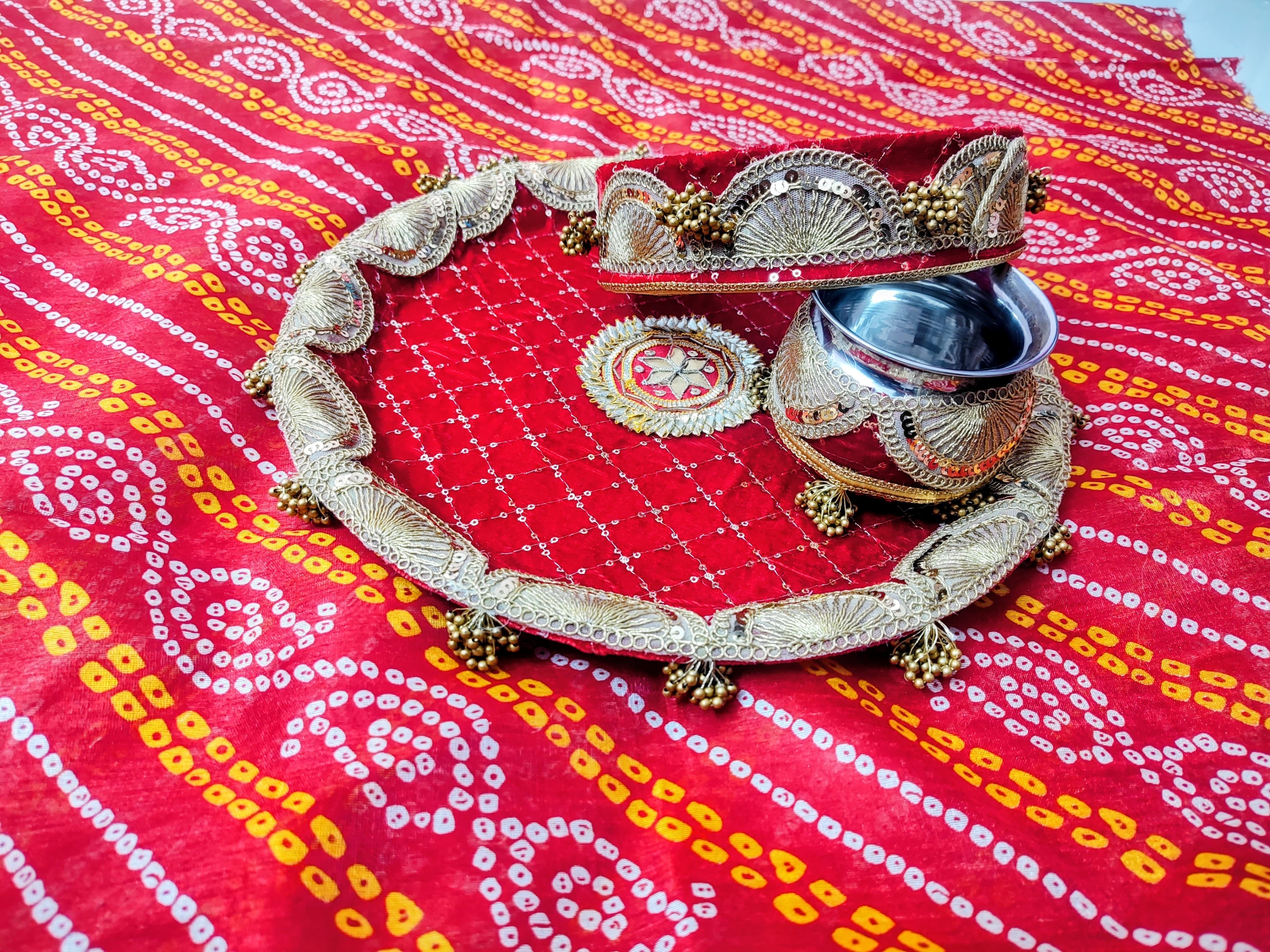 Divine Radiance – Handcrafted Red Velvet Karwa Chauth Thali Set