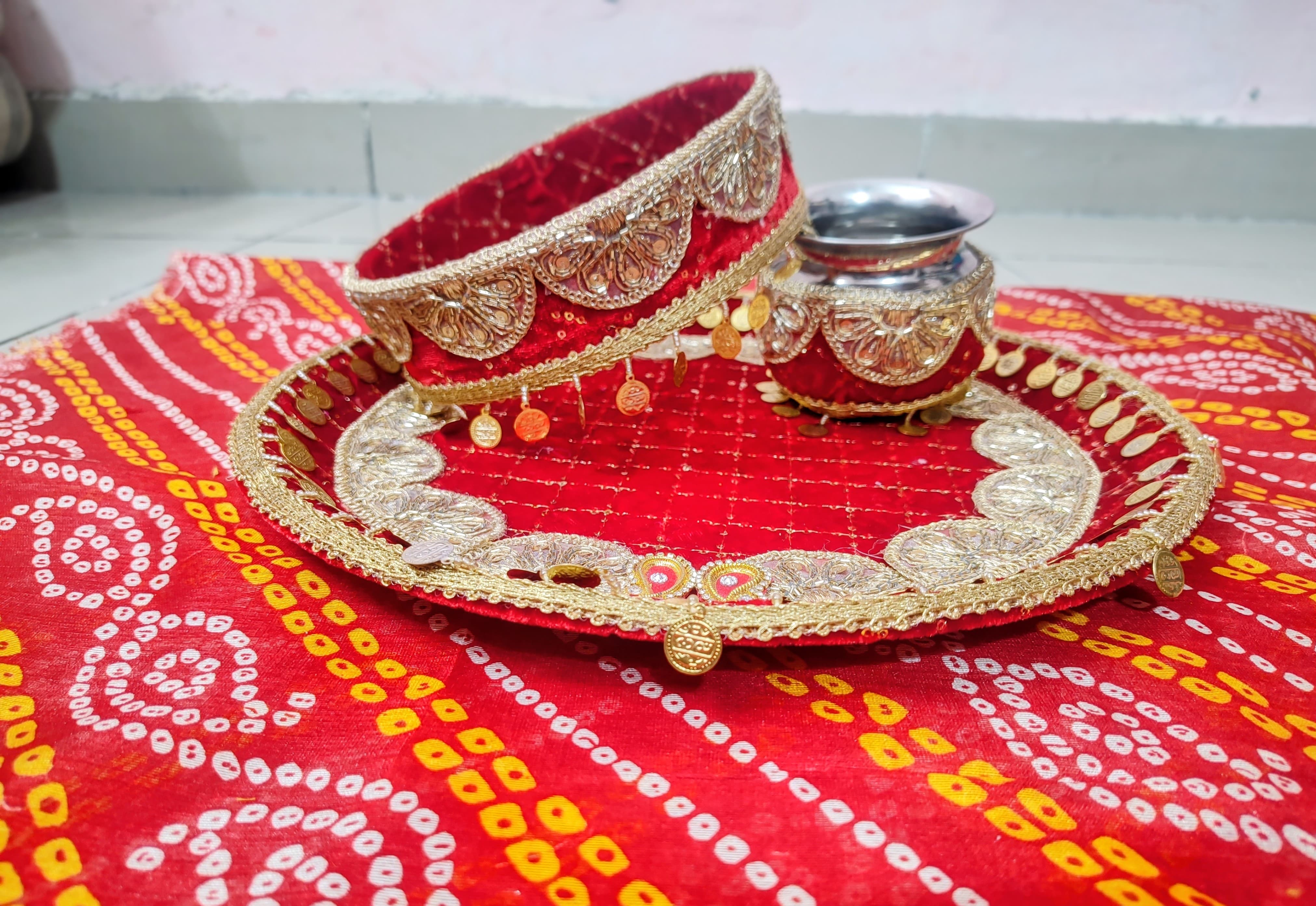 Royal Red Velvet Karwa Chauth Thali Set – Handcrafted Tradition in Style