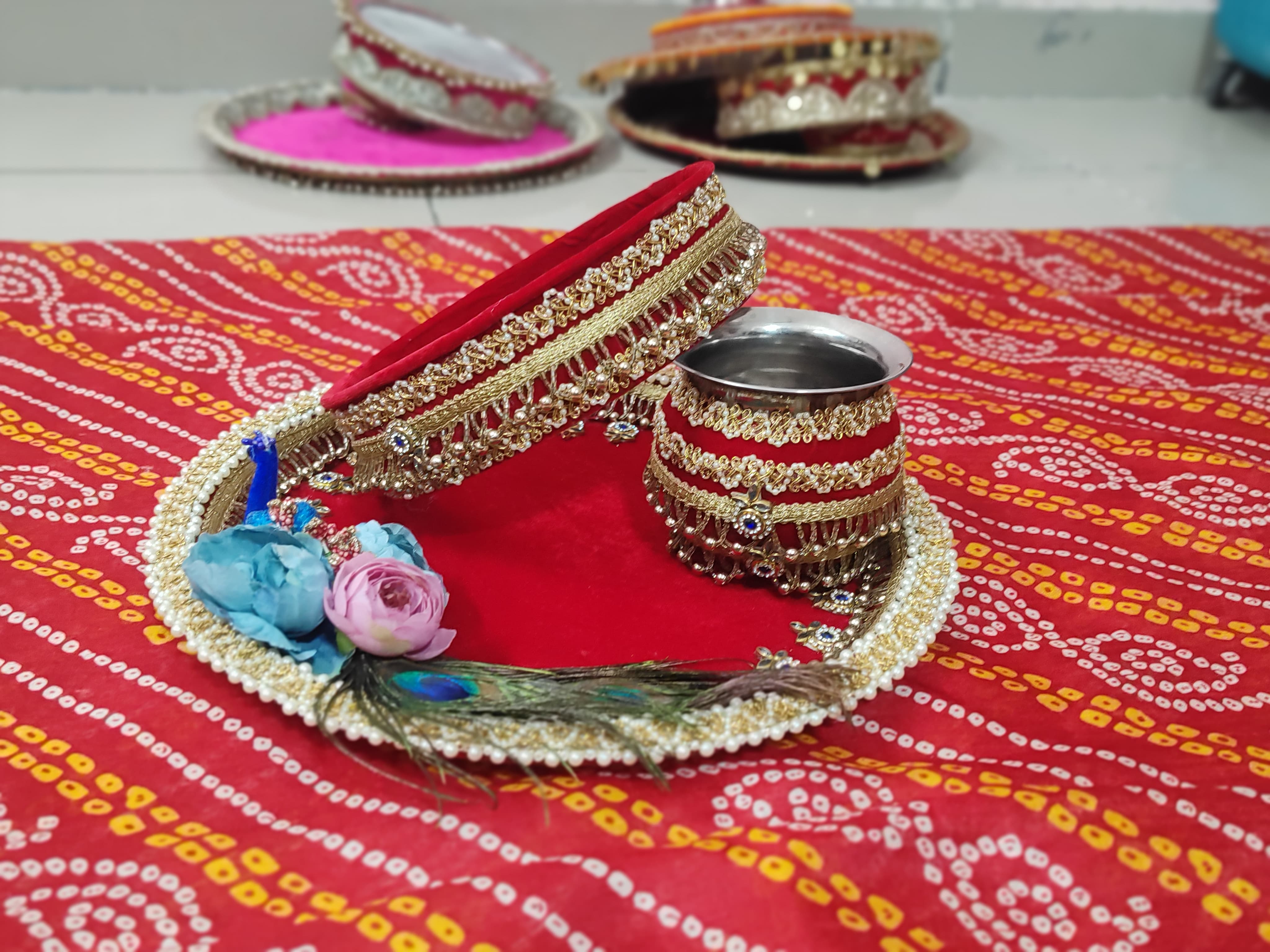 Divine Peacock Elegance – Handcrafted Karwa Chauth Thali Set