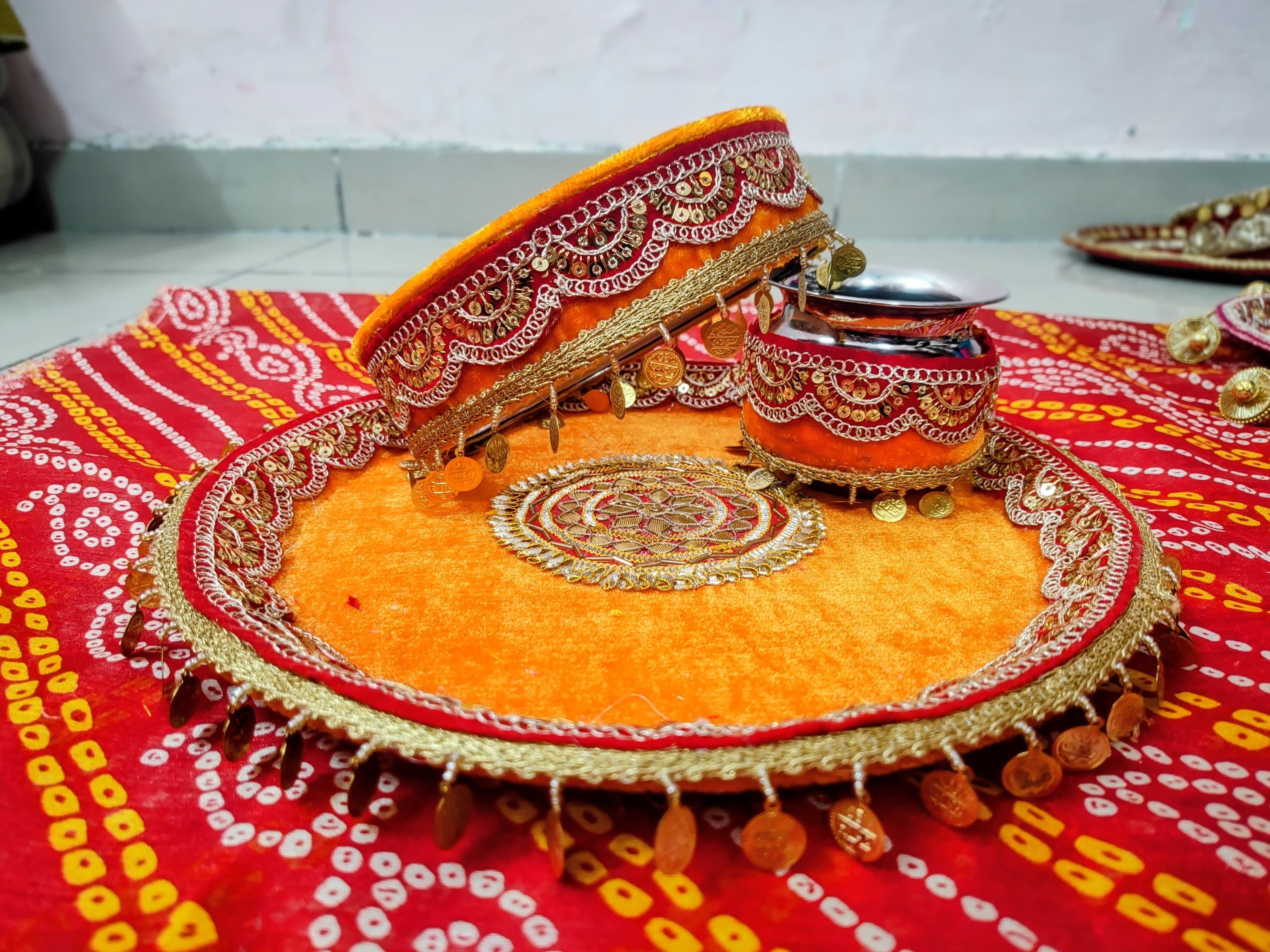 Sunset Glow – Handcrafted Orange Velvet Karwa Chauth Thali Set