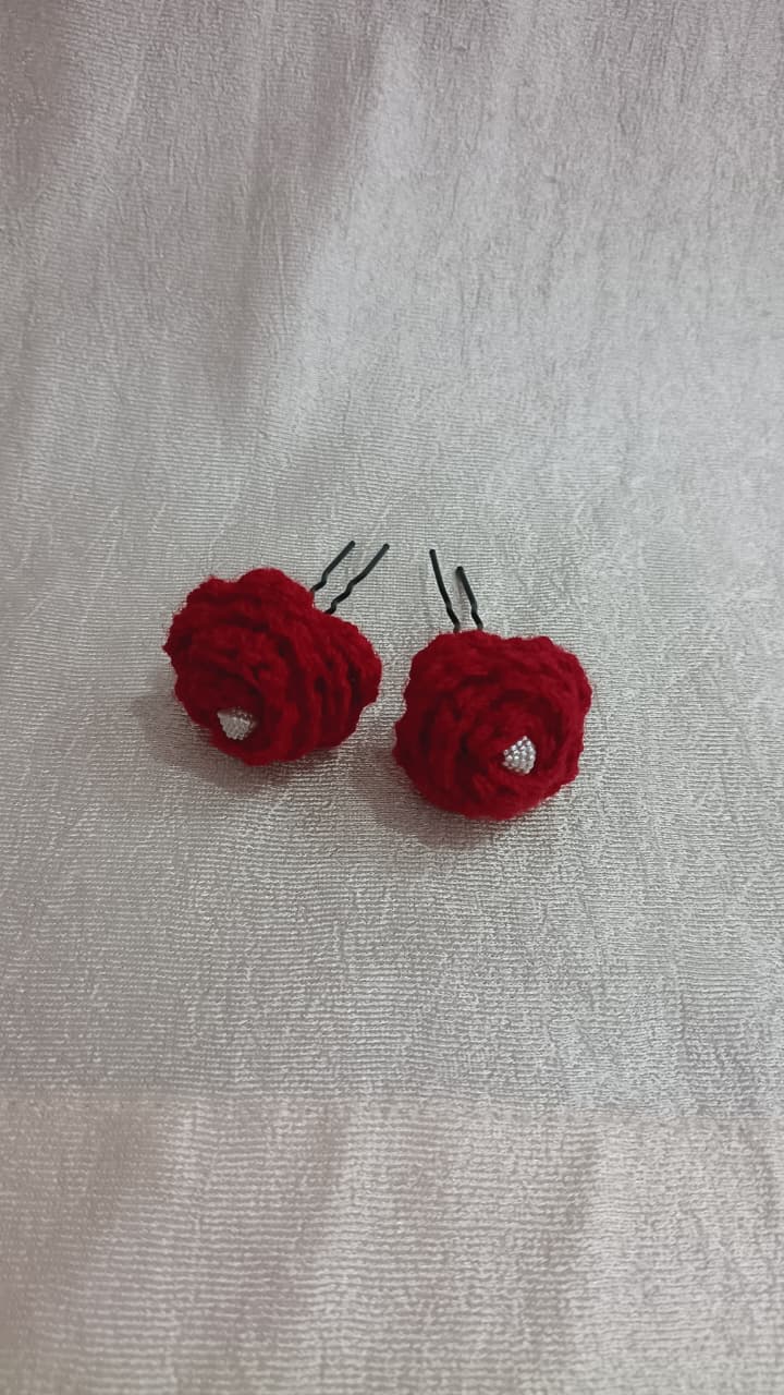 Handcrafted Red Crochet Rose Hair Pins (Set of 2) 🌸