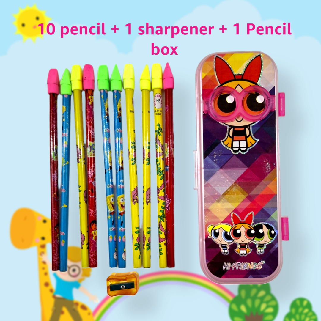 10 HB Lead Pencils with eraser on top in a Sturdy Pencil Box (Free Sharpener)