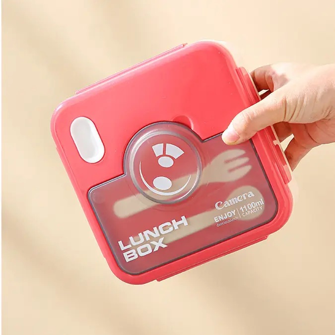 Square Camera-shaped Lunch Box with Fork + spoon – 1100ml | Microwave, Dishwasher, Freezer Safe | Leak-proof & BPA-Free
