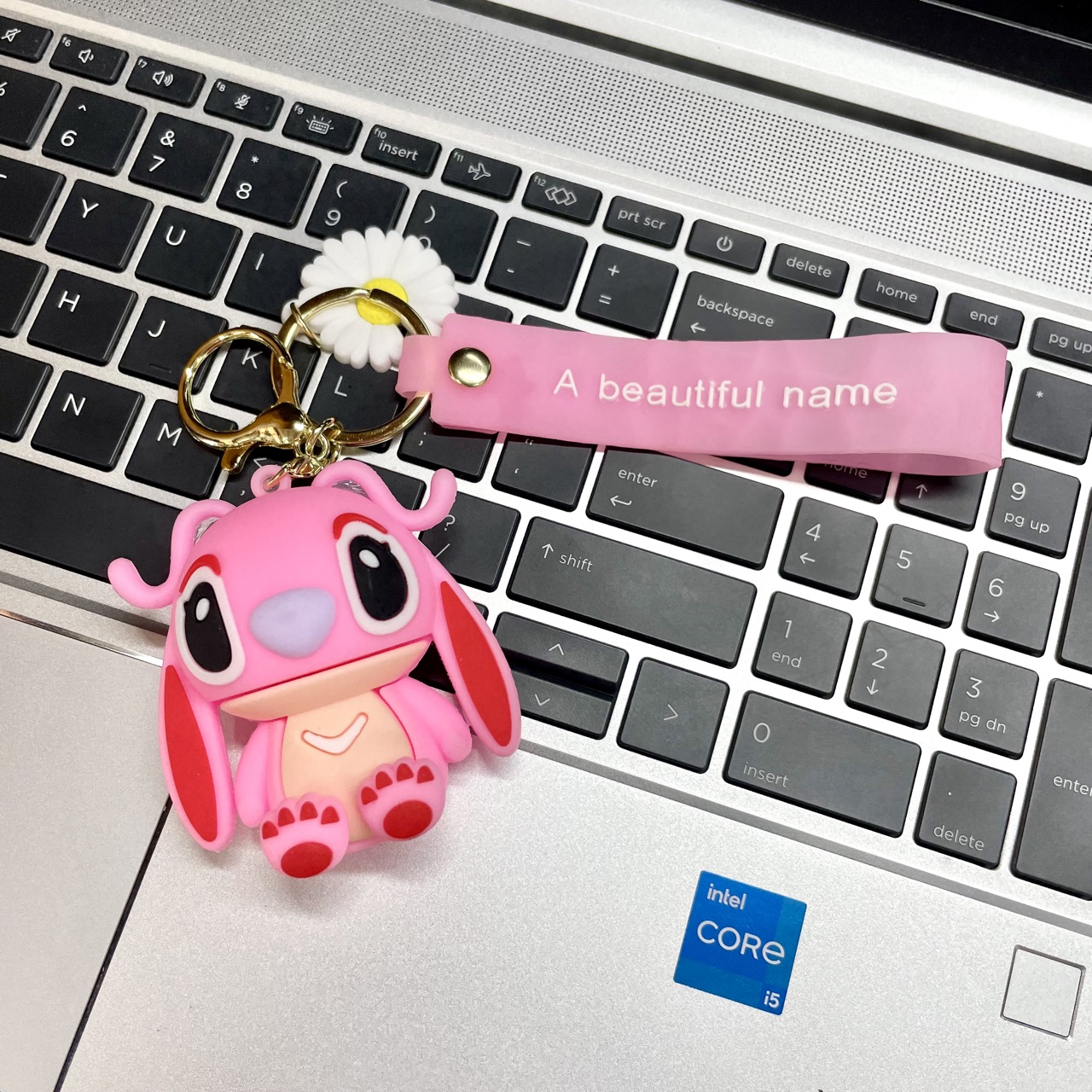 Cute 3D Stitch Bunny Keychain | Keyring with Flower Charm | Perfect for decorating Bags, Keys, Pencil Pouches, or Gifting