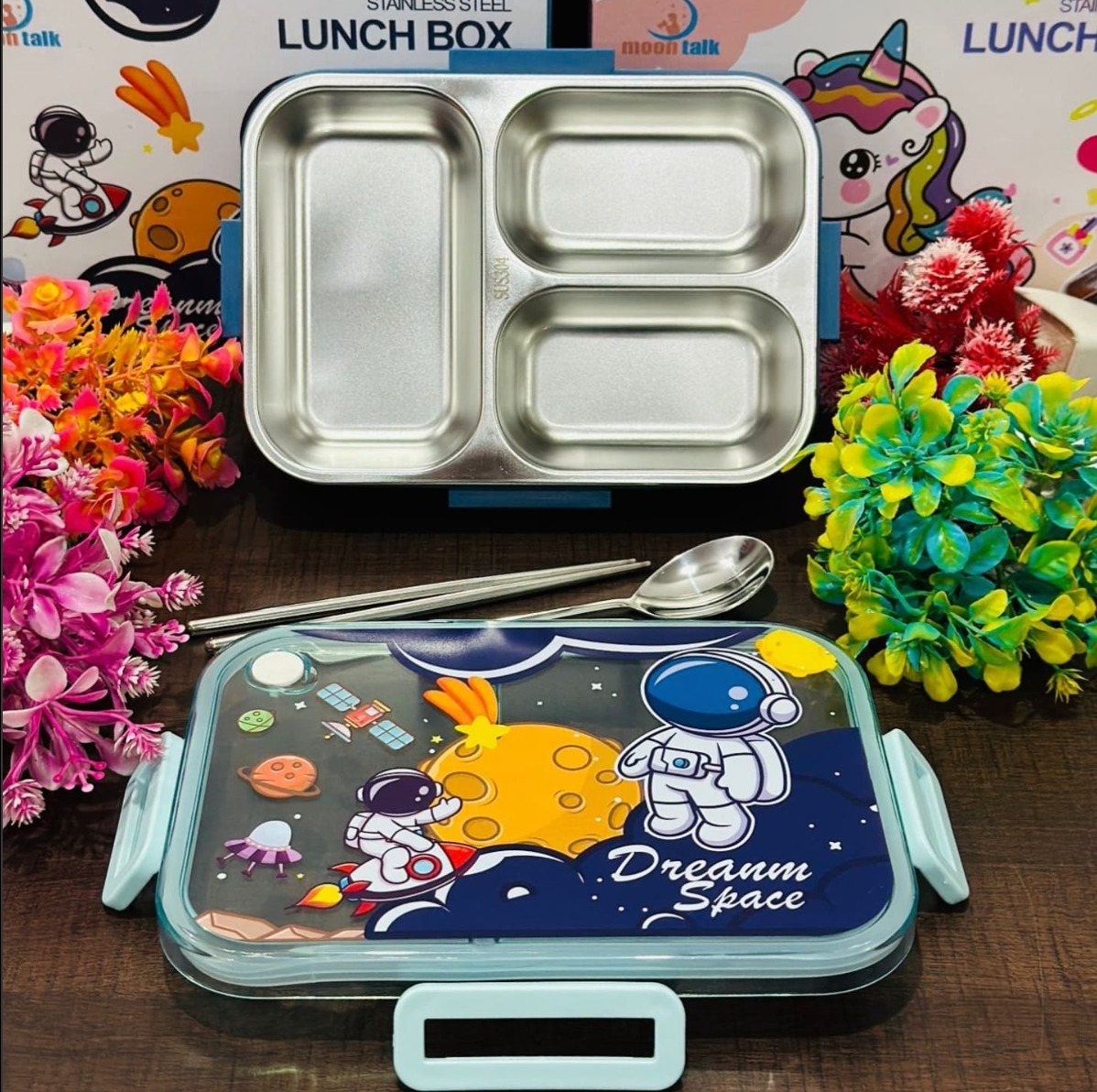 Dream Space Stainless Steel Lunch Box for boys | 3 Compartment Leakproof, Spillproof & Temperature-Controlled