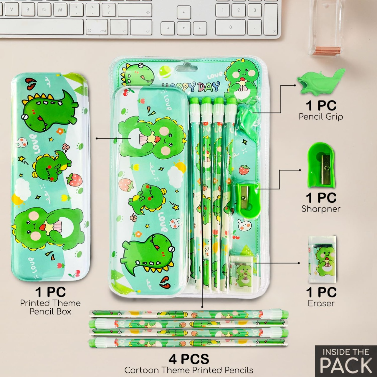 School Stationary Gift Set for Kids | Metal Pencil Box with 4 Pencils and Accessories | Cute Cartoon Design | Birthday Gifts, Return Gifts for Boy/Girl