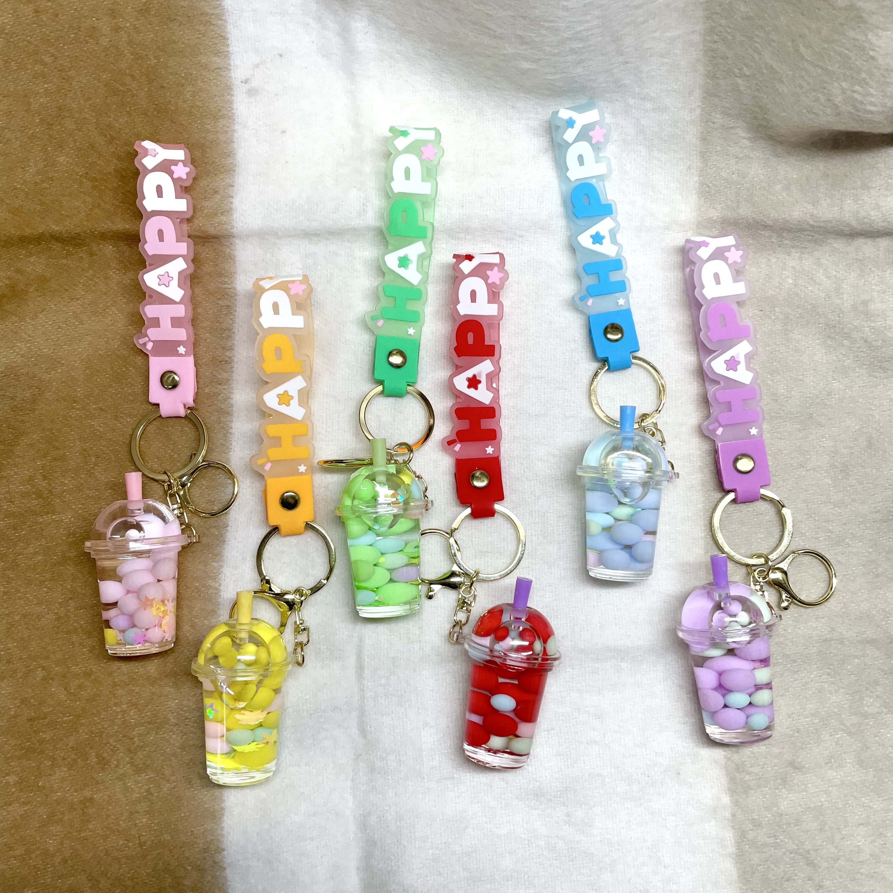 Bubble Keychain with Happy Strap –Cute Boba Cup Keyring | Cute Accessories, bag charm for Girls - Pack of 1 - Random Color