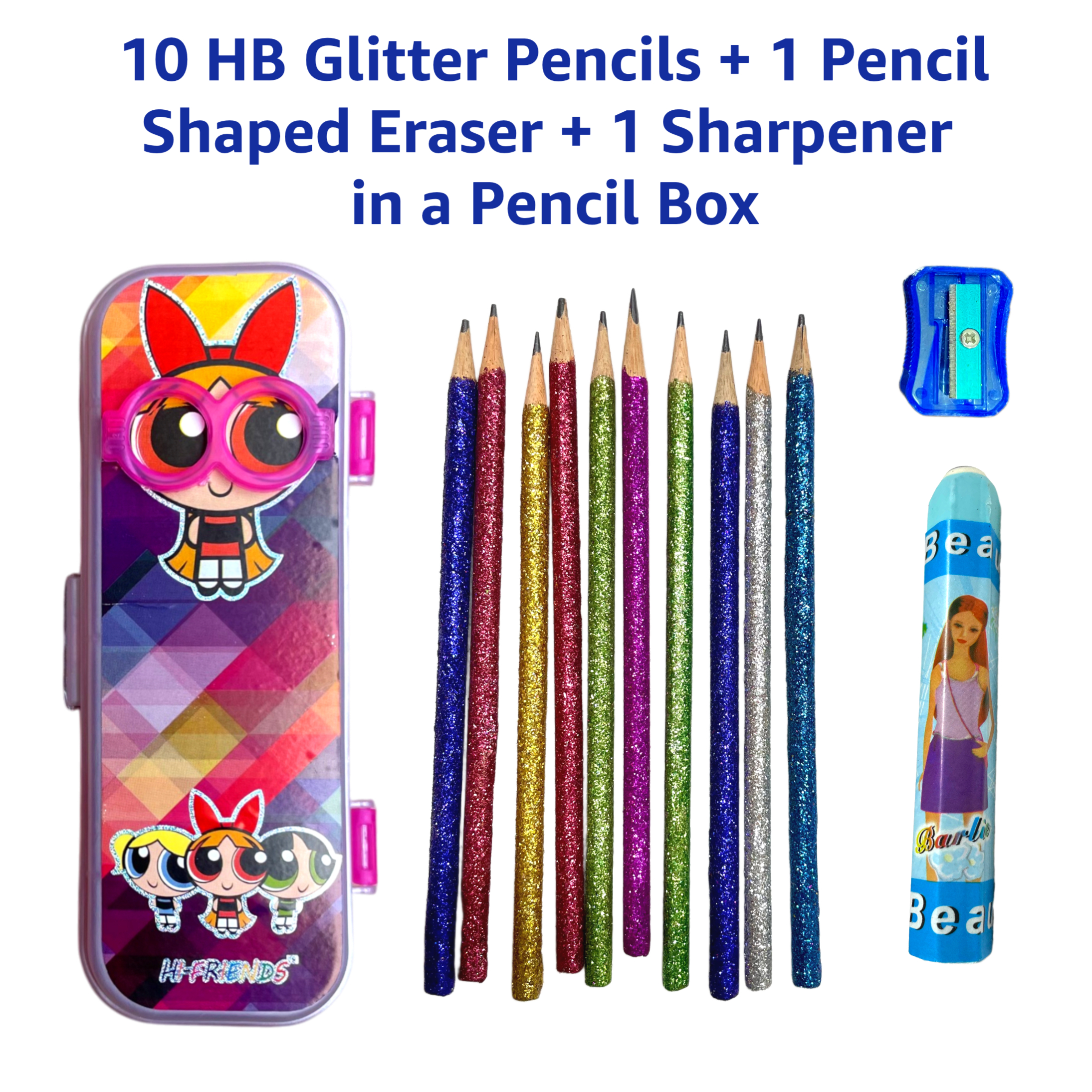 10 HB Glitter Pencils, 1 Pencil Shaped Long Eraser, 1 Sharpener in Cartoon Pencil Box | Hi-Friends School Stationery Gift Set