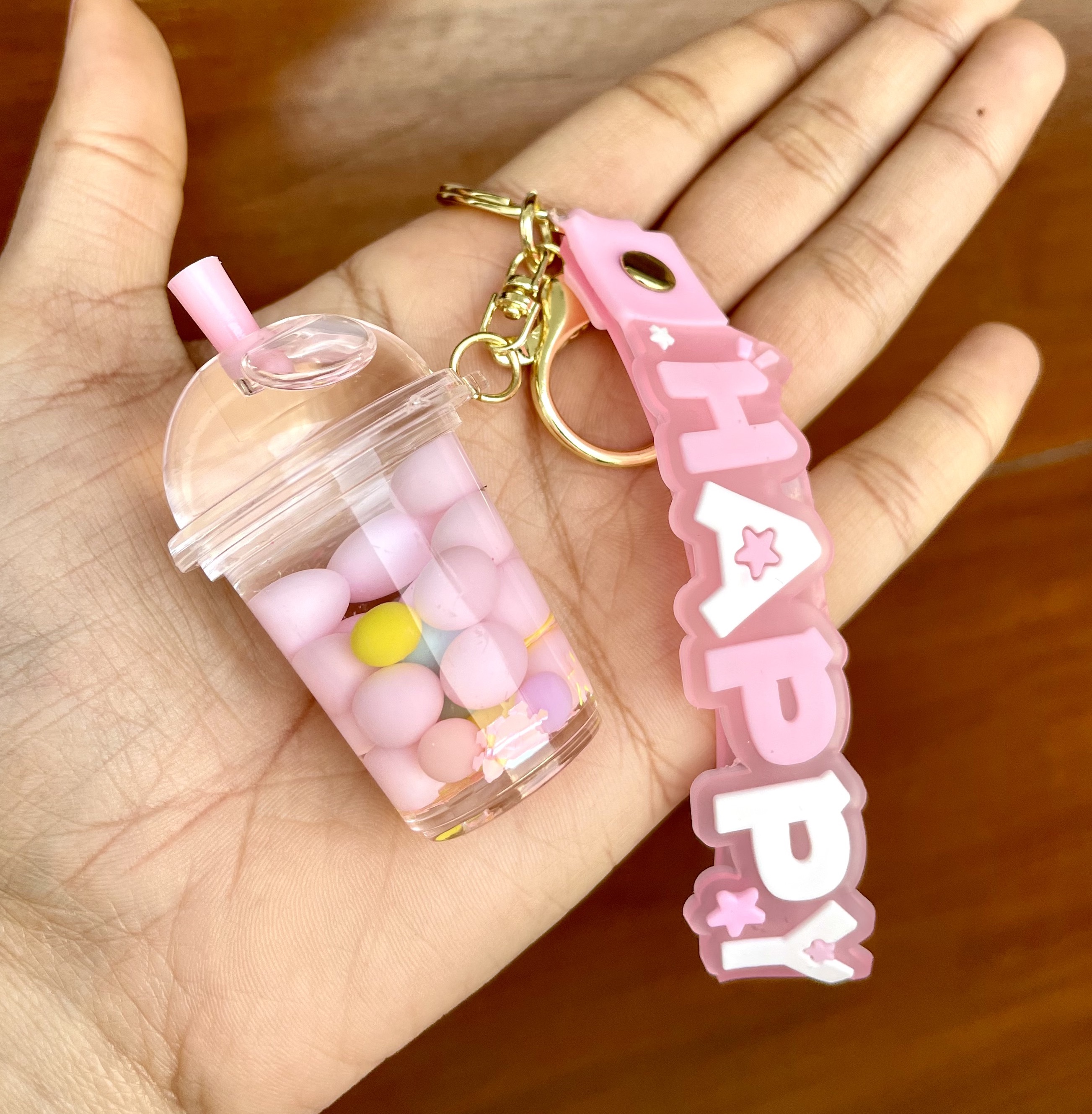 Bubble Keychain with Happy Strap –Cute Boba Cup Keyring | Cute Accessories, bag charm for Girls - Pack of 1 - Random Color