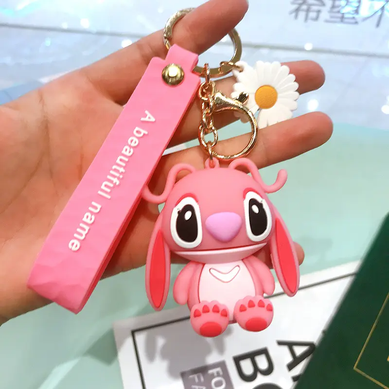 Cute 3D Stitch Bunny Keychain | Keyring with Flower Charm | Perfect for decorating Bags, Keys, Pencil Pouches, or Gifting