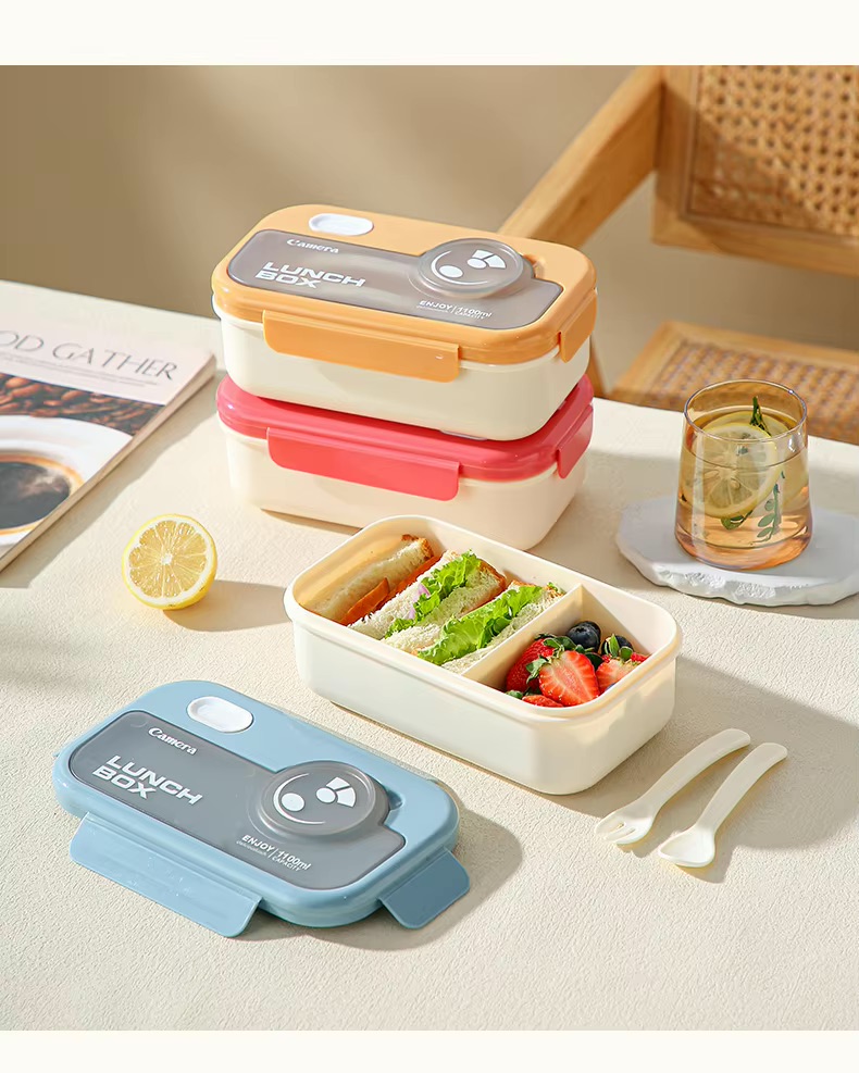 Camera Shaped Lunch Box with Fork + spoon – 1100ml | Microwave, Dishwasher, Freezer Safe | Leak-proof & BPA-Free