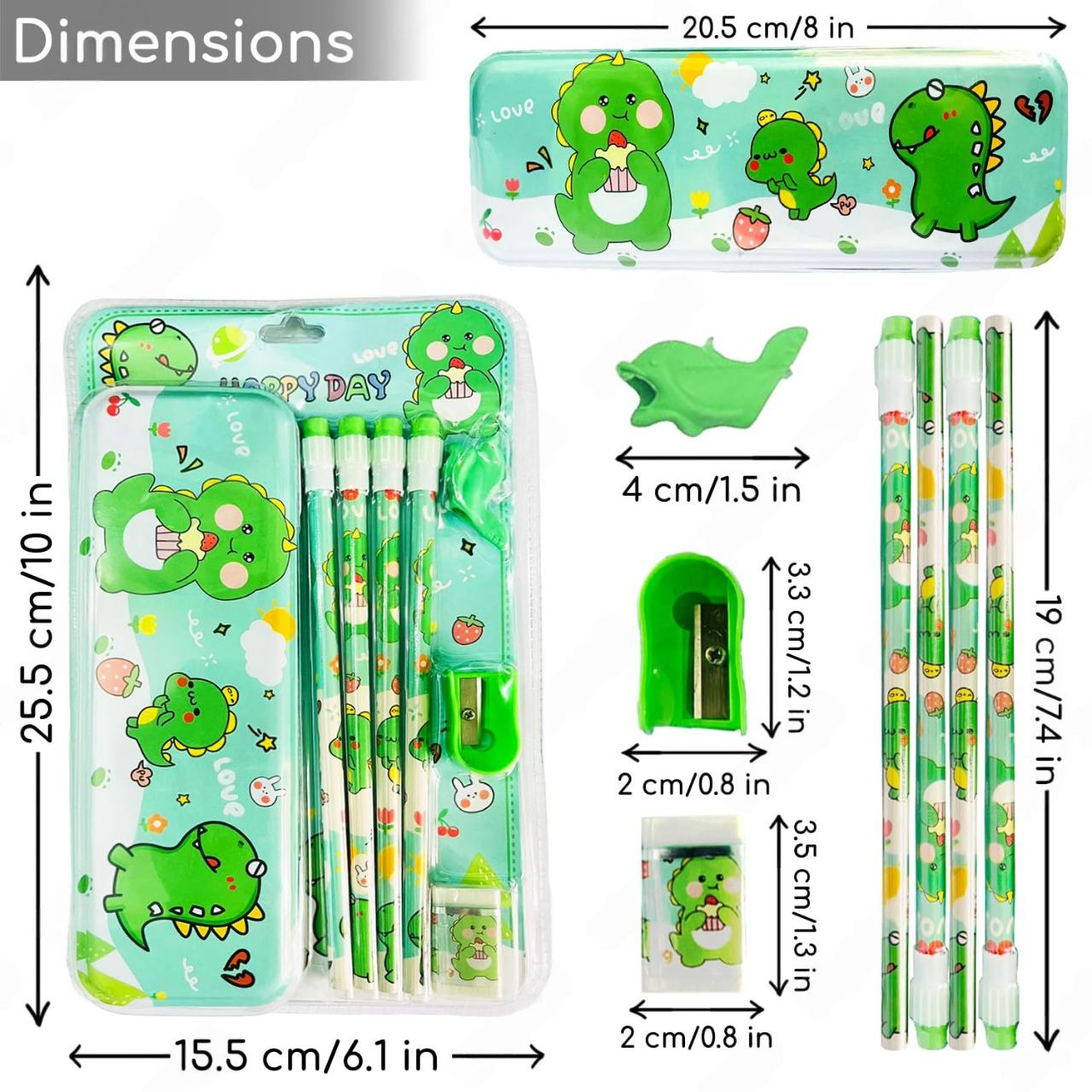 School Stationary Gift Set for Kids | Metal Pencil Box with 4 Pencils and Accessories | Cute Cartoon Design | Birthday Gifts, Return Gifts for Boy/Girl