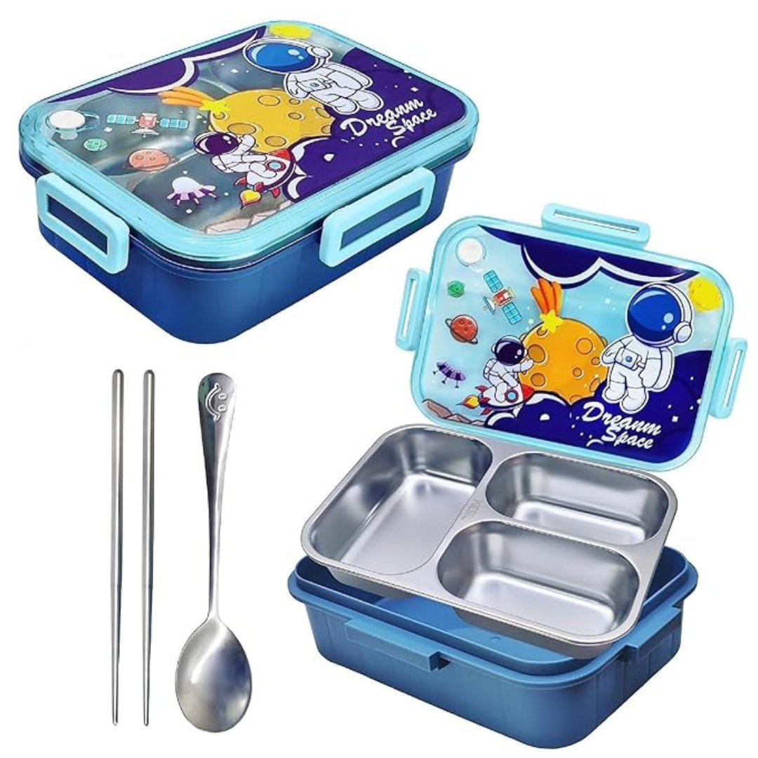 Dream Space Stainless Steel Lunch Box for boys | 3 Compartment Leakproof, Spillproof & Temperature-Controlled