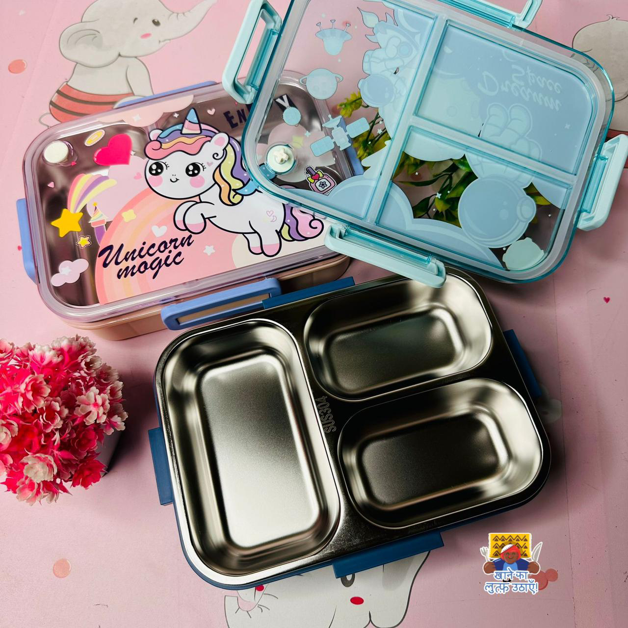 Unicorn 3 Grid Stainless Steel Insulated Lunch Box – 100% Leakproof, Spillproof & Temperature-Controlled