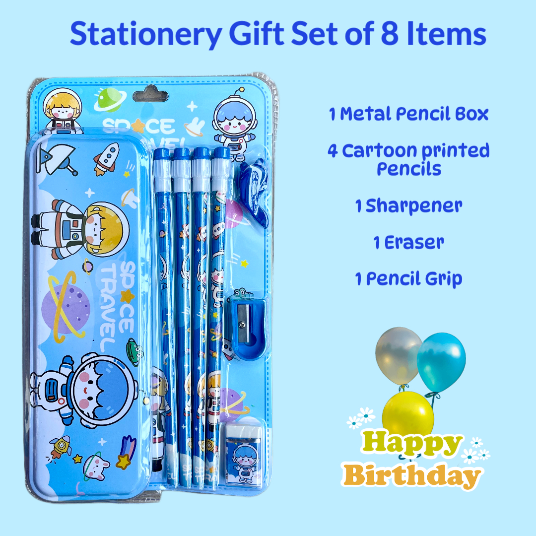 School Stationary Gift Set for Kids | Metal Pencil Box with 4 Pencils and Accessories | Cute Cartoon Design | Birthday Gifts, Return Gifts for Boy/Girl