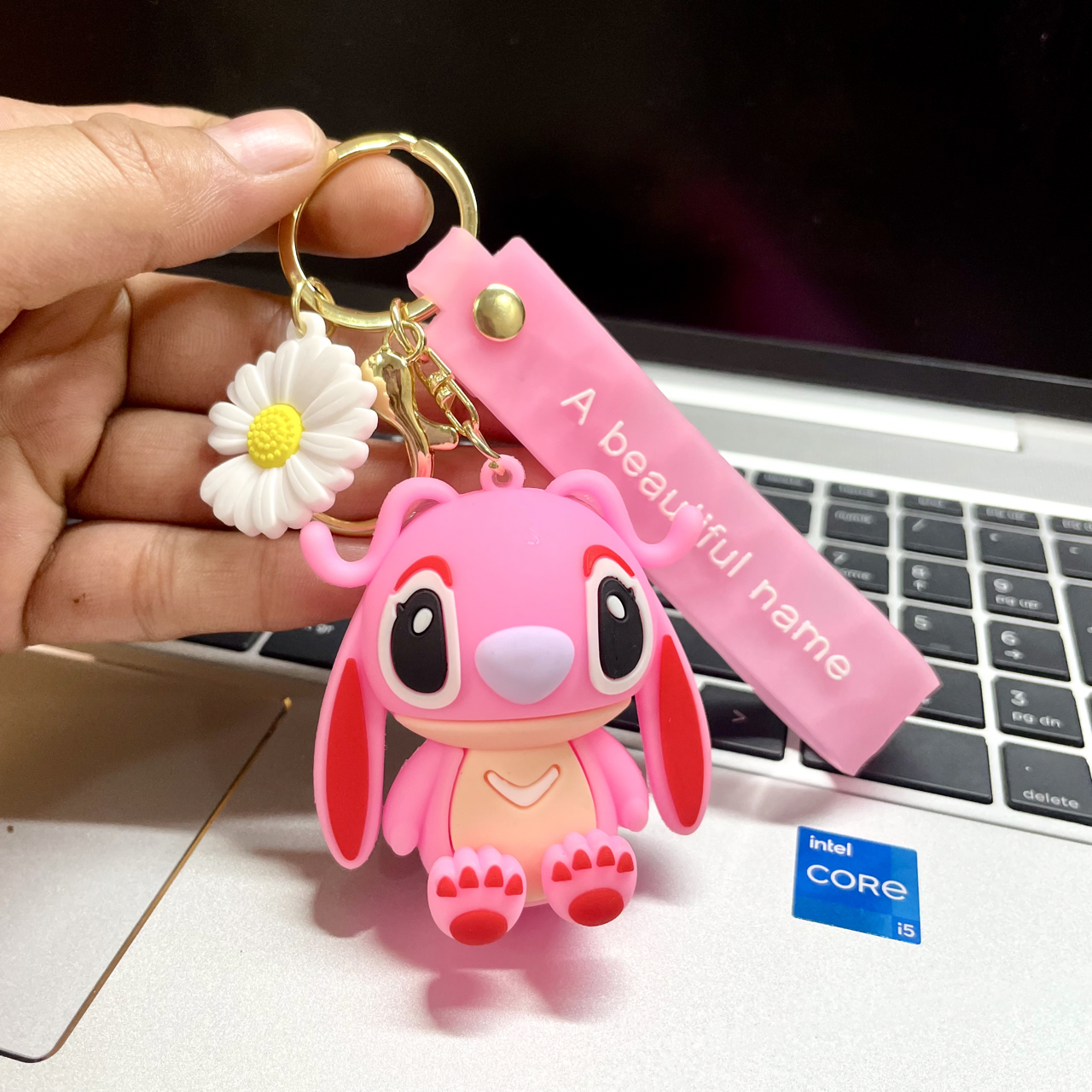 Cute 3D Stitch Bunny Keychain | Keyring with Flower Charm | Perfect for decorating Bags, Keys, Pencil Pouches, or Gifting