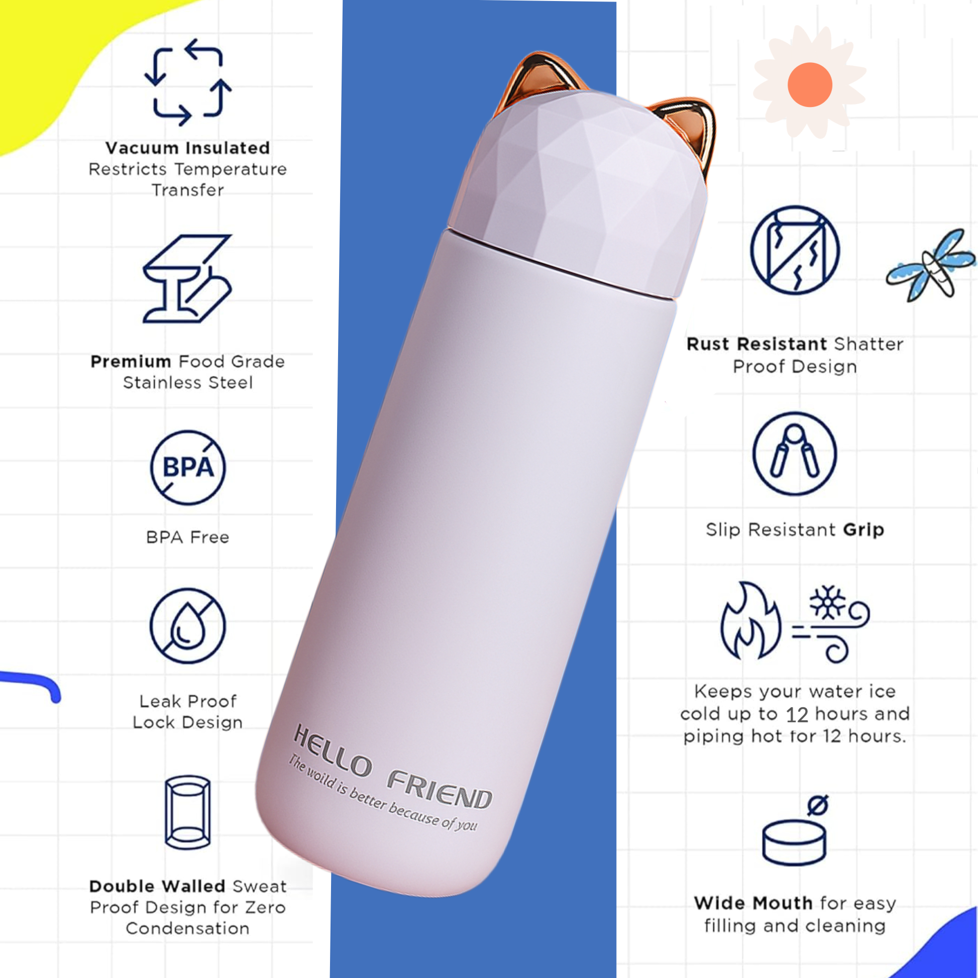 Cute Cat Thermos Vacuum Bottles - 400ml - 6 hours hot/cold