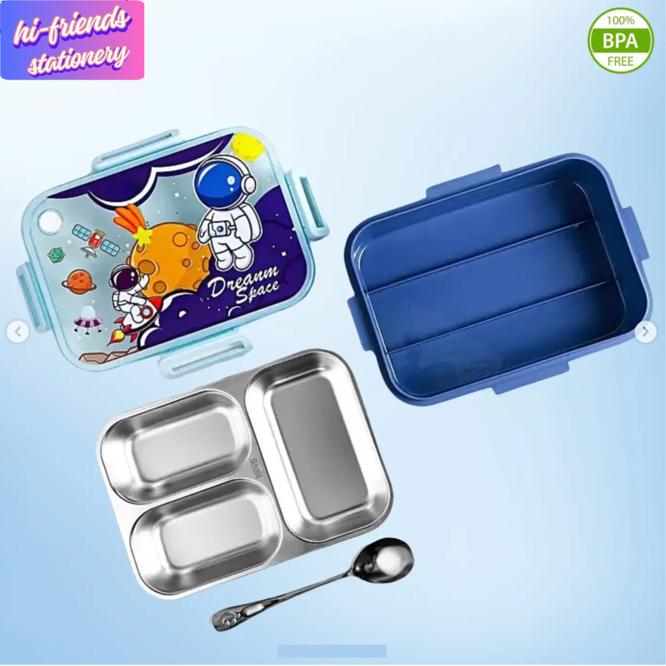 Dream Space Stainless Steel Lunch Box for boys | 3 Compartment Leakproof, Spillproof & Temperature-Controlled